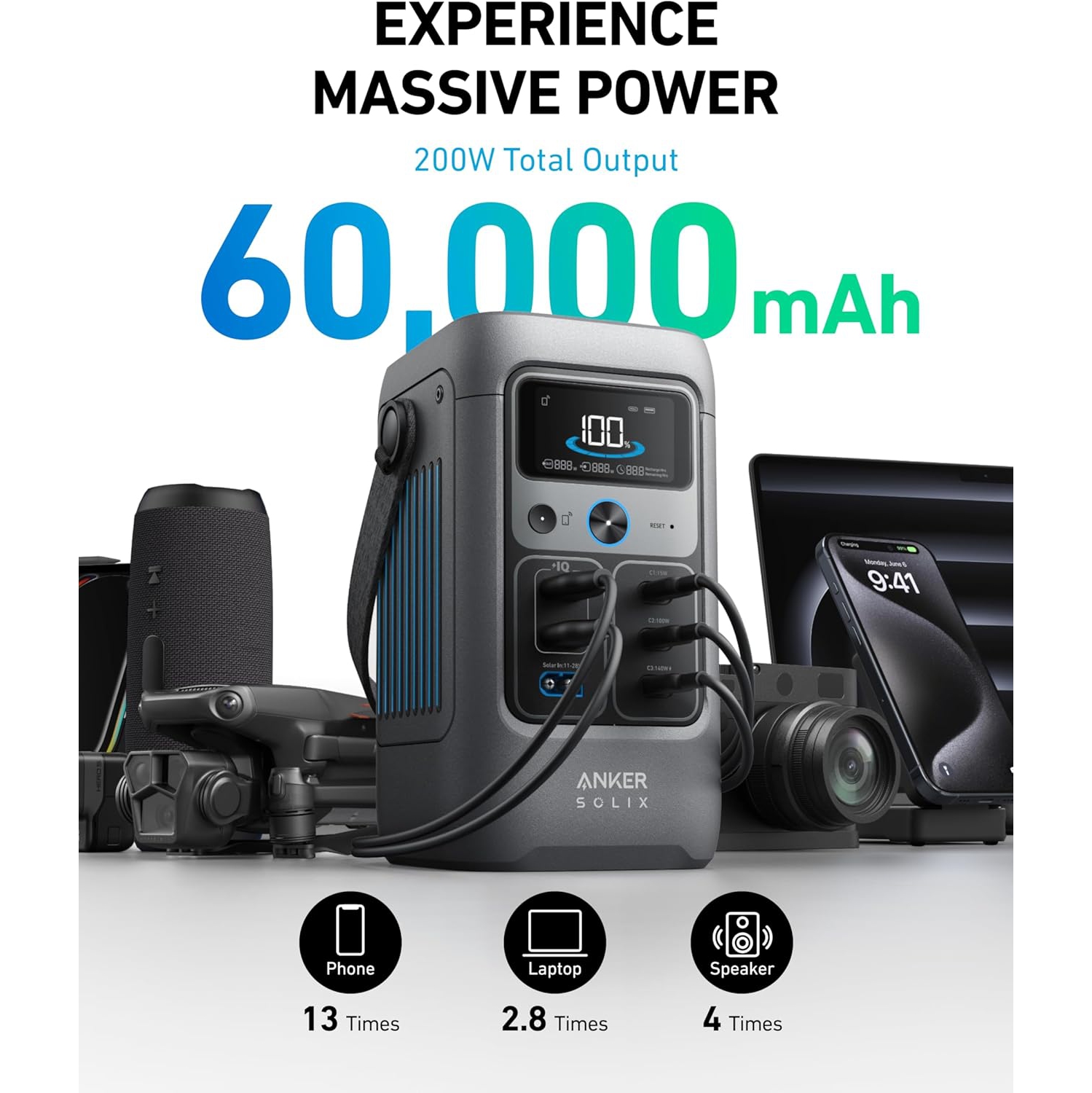 Anker SOLIX C200 DC Power Bank Station, 60,000mAh Portable Power Station, 200W Solar Generator, LiFePO4 Battery, Ideal for Camping, Travel, and