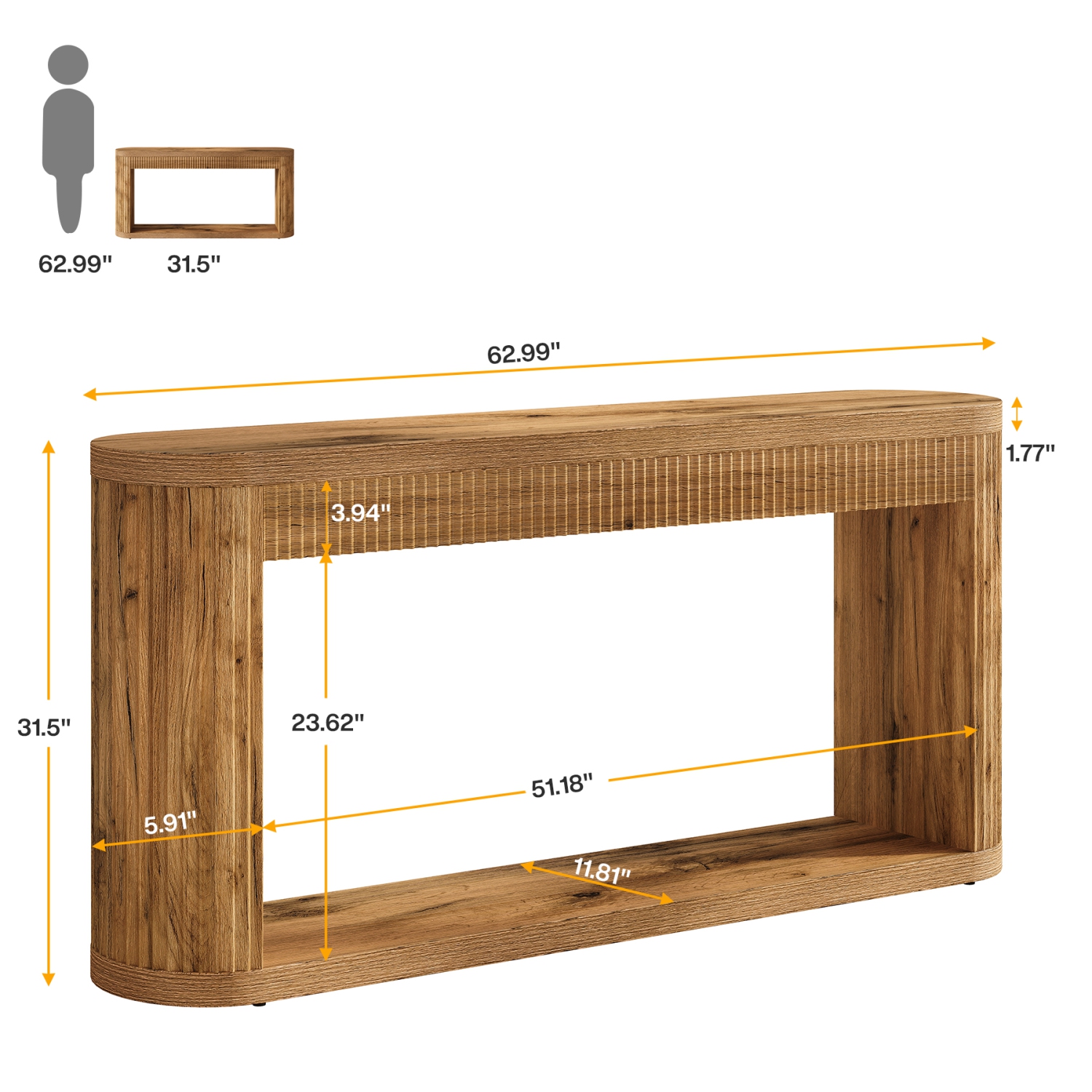 Lantine 63" Fluted Console Table for Entryway, Narrow Wood Sofa Table Behind Couch for Entrance, Hallway, Foyer