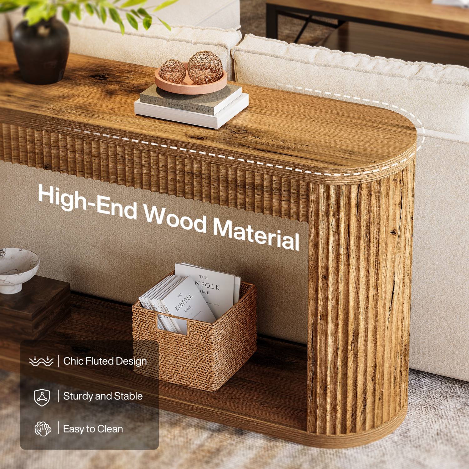 Lantine 63" Fluted Console Table for Entryway, Narrow Wood Sofa Table Behind Couch for Entrance, Hallway, Foyer