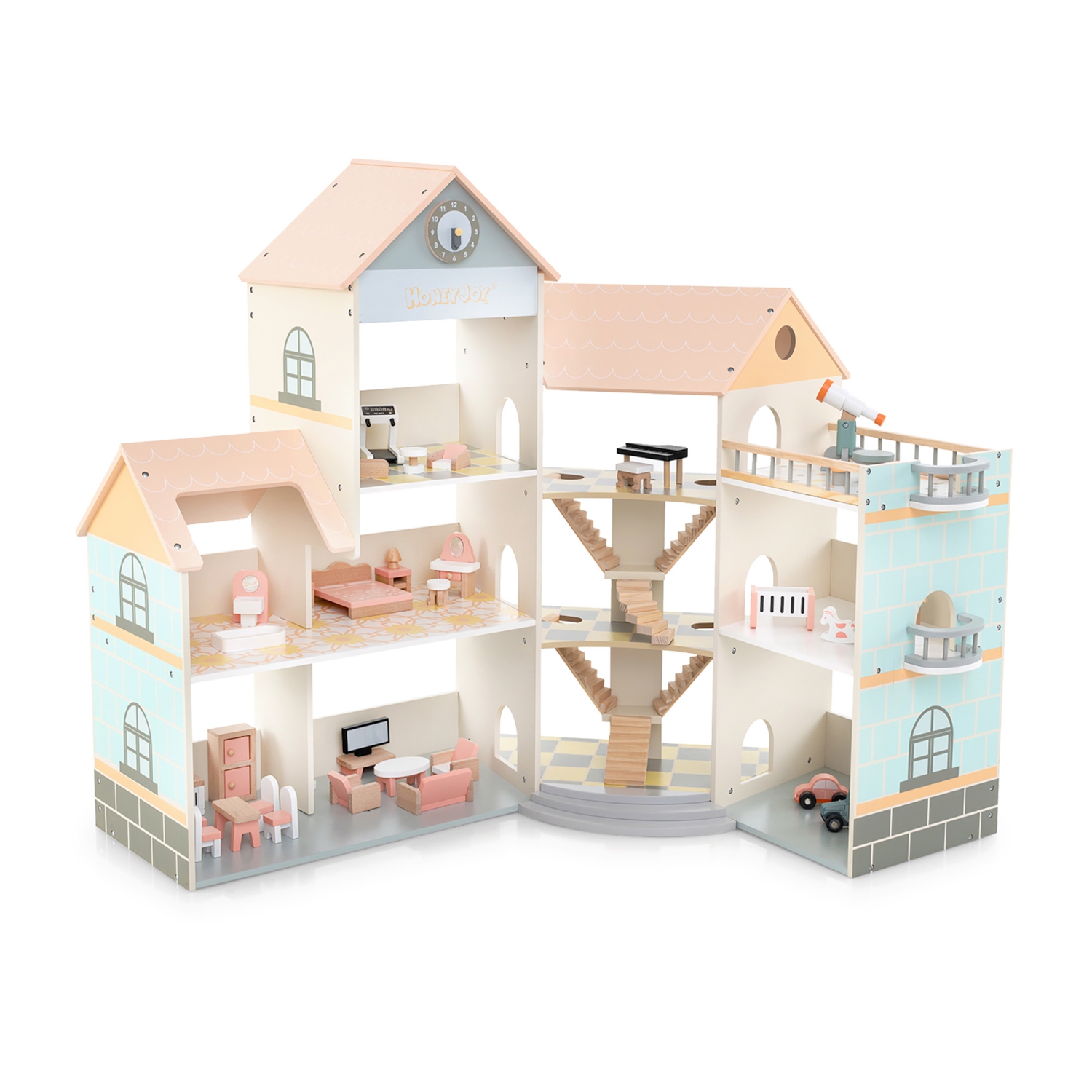 Gymax Wooden Corner Dollhouse Playset w/ 41 Pieces of Furniture and Accessories