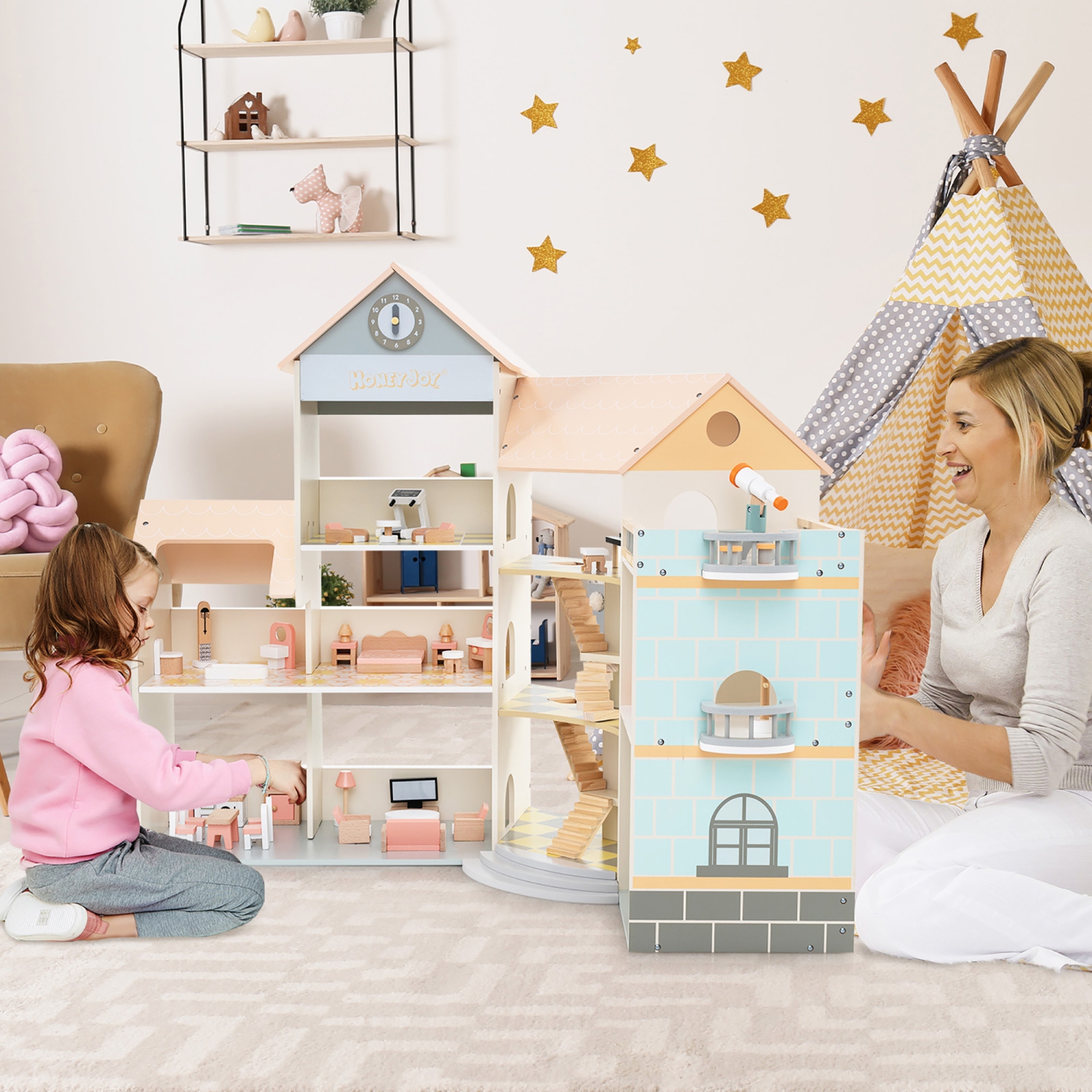 Gymax Wooden Corner Dollhouse Playset w/ 41 Pieces of Furniture and Accessories