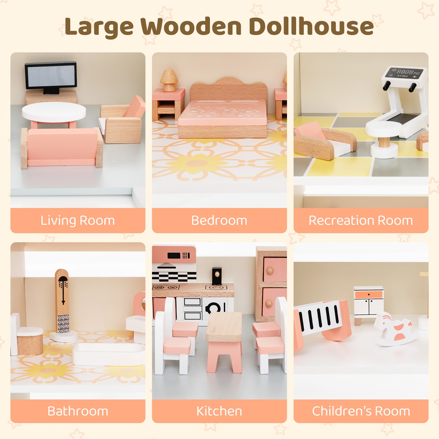 Gymax Wooden Corner Dollhouse Playset w/ 41 Pieces of Furniture and Accessories