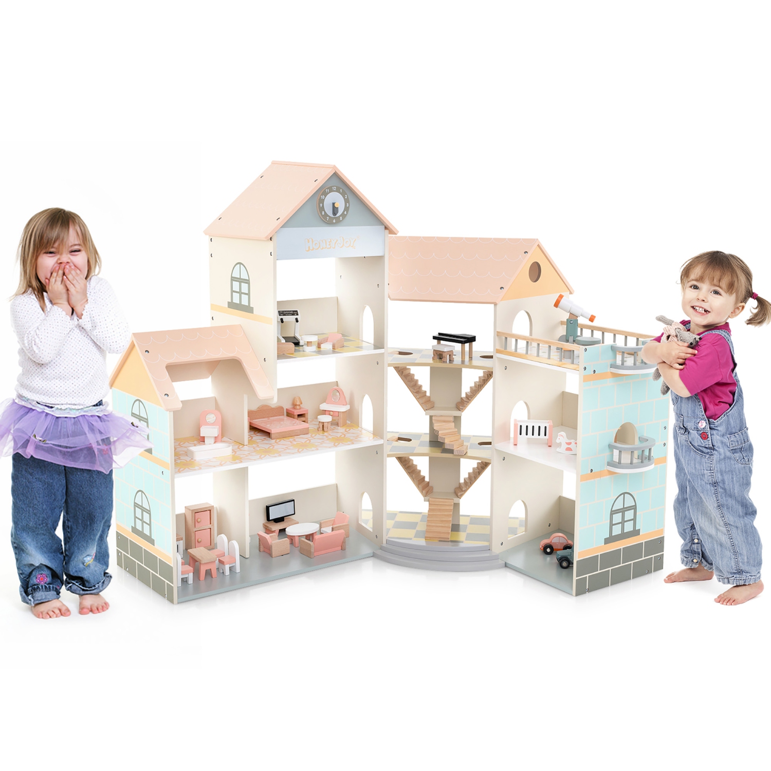 Gymax Wooden Corner Dollhouse Playset w/ 41 Pieces of Furniture and Accessories