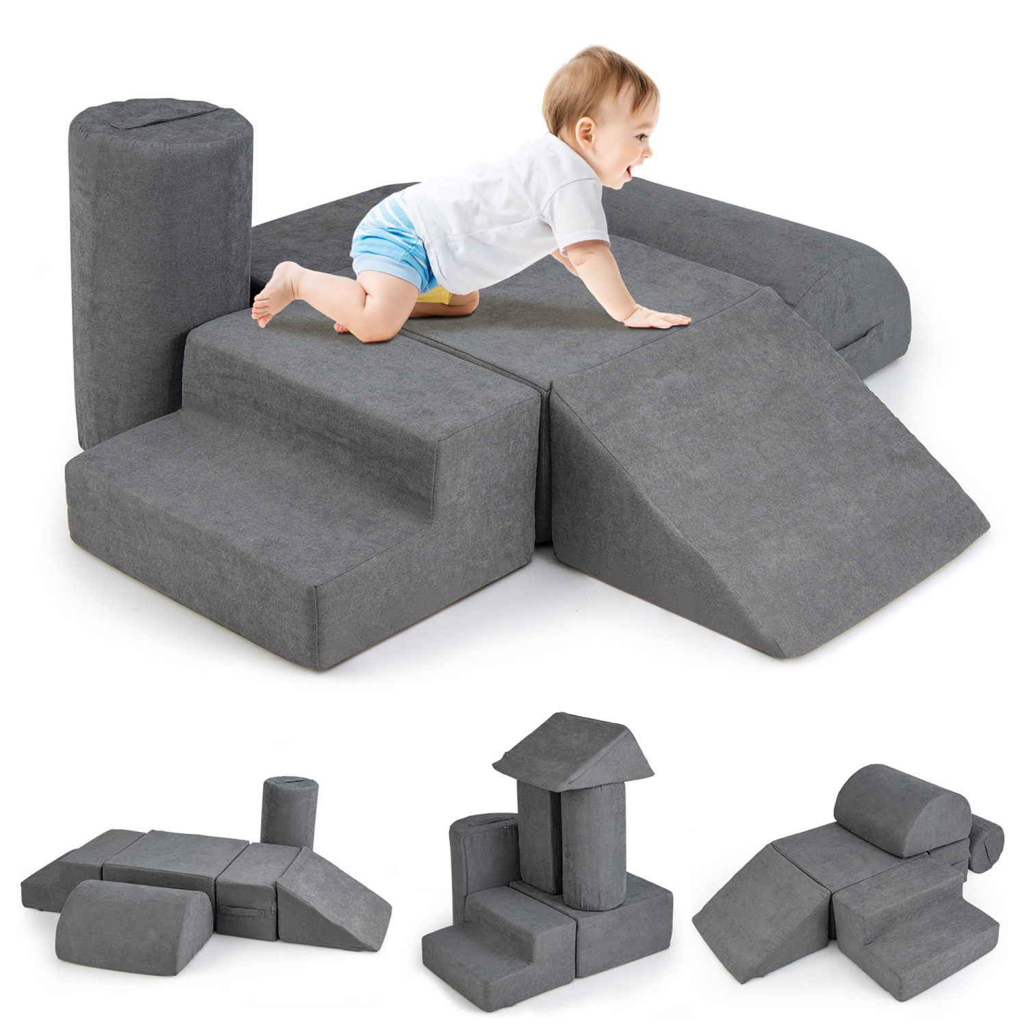 Gymax 6 Pcs Toddler Climbing Blocks w/ Handles Chenille Fabric Cover Corner Play Gym Gray