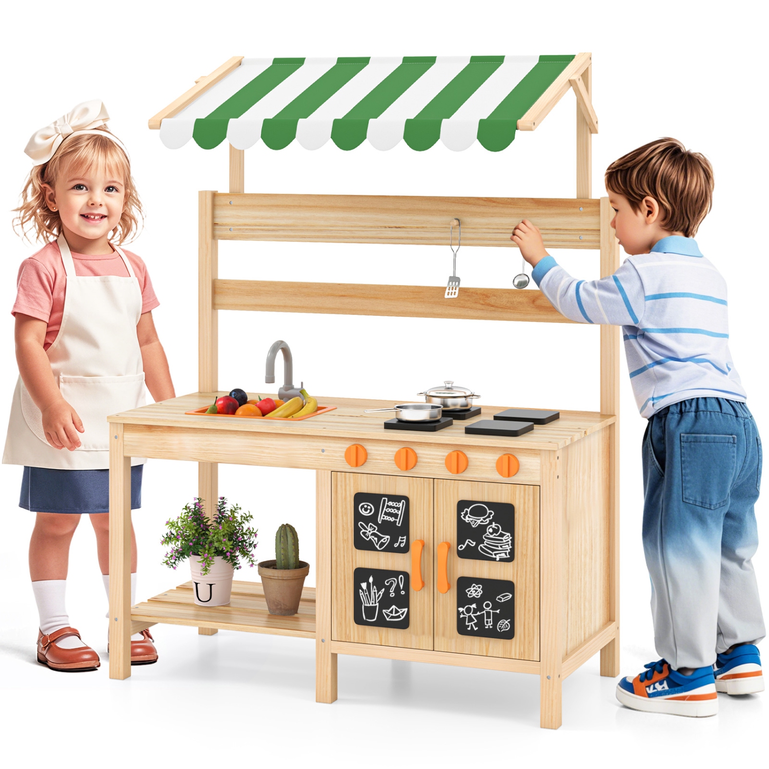 Gymax Kids Mud Kitchen Outdoor Wooden Pretend Play Kitchen w/ 4 Stoves, Canopy Faucet