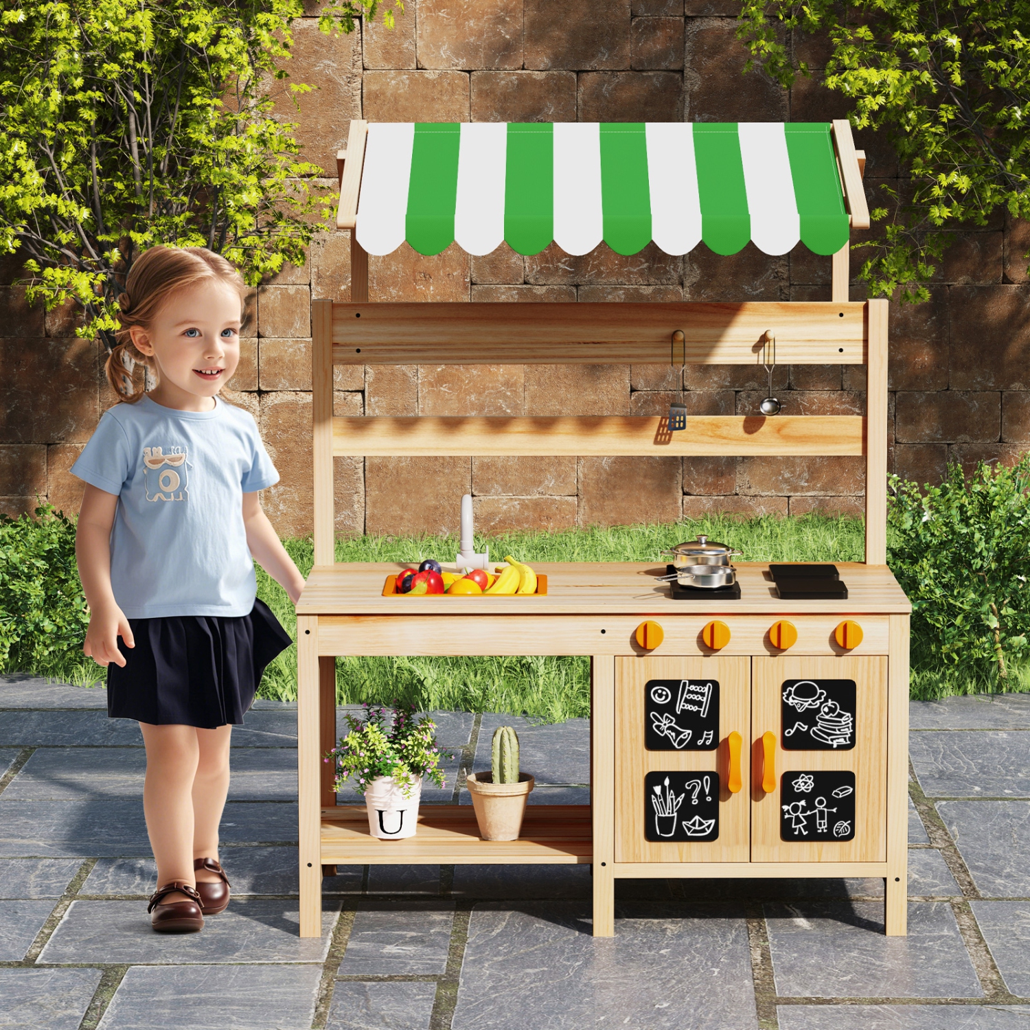Gymax Kids Mud Kitchen Outdoor Wooden Pretend Play Kitchen w/ 4 Stoves, Canopy Faucet