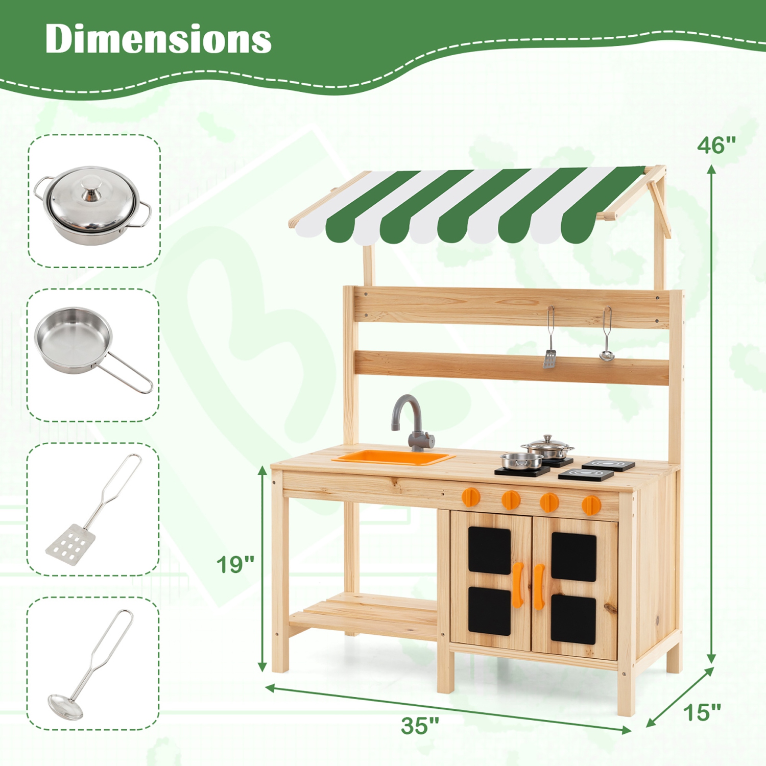 Gymax Kids Mud Kitchen Outdoor Wooden Pretend Play Kitchen w/ 4 Stoves, Canopy Faucet