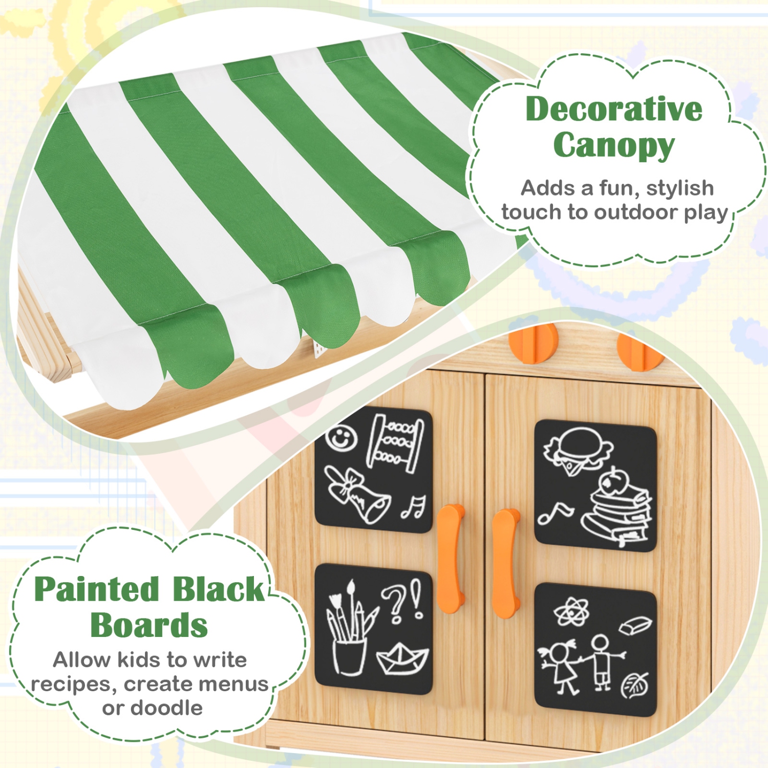 Gymax Kids Mud Kitchen Outdoor Wooden Pretend Play Kitchen w/ 4 Stoves, Canopy Faucet