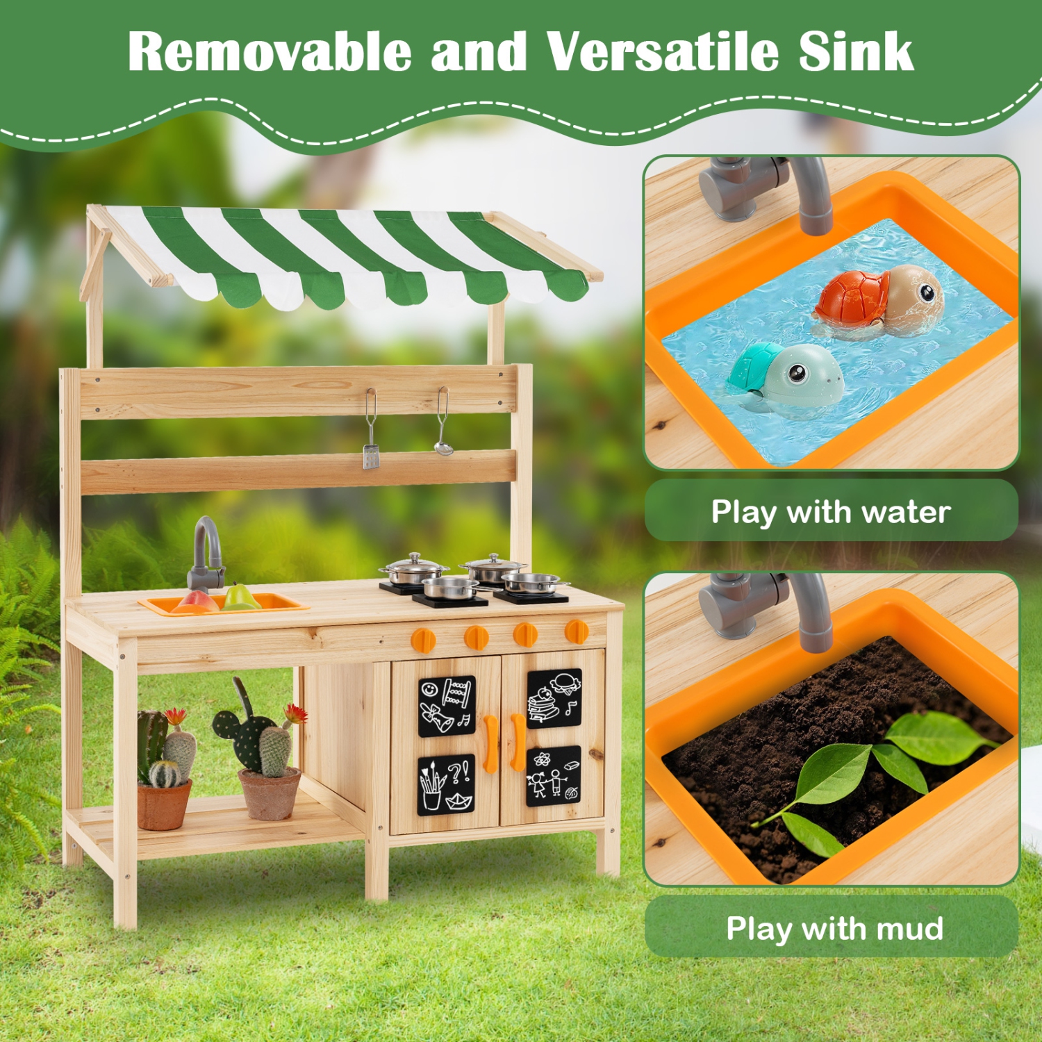 Gymax Kids Mud Kitchen Outdoor Wooden Pretend Play Kitchen w/ 4 Stoves, Canopy Faucet