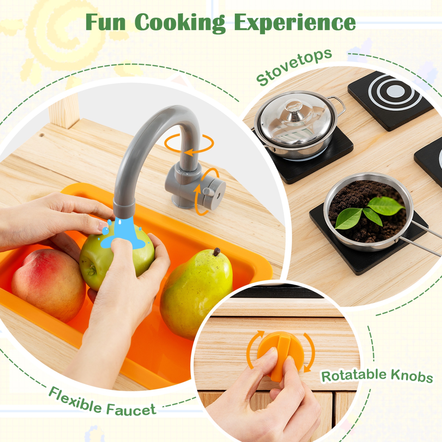 Gymax Kids Mud Kitchen Outdoor Wooden Pretend Play Kitchen w/ 4 Stoves, Canopy Faucet