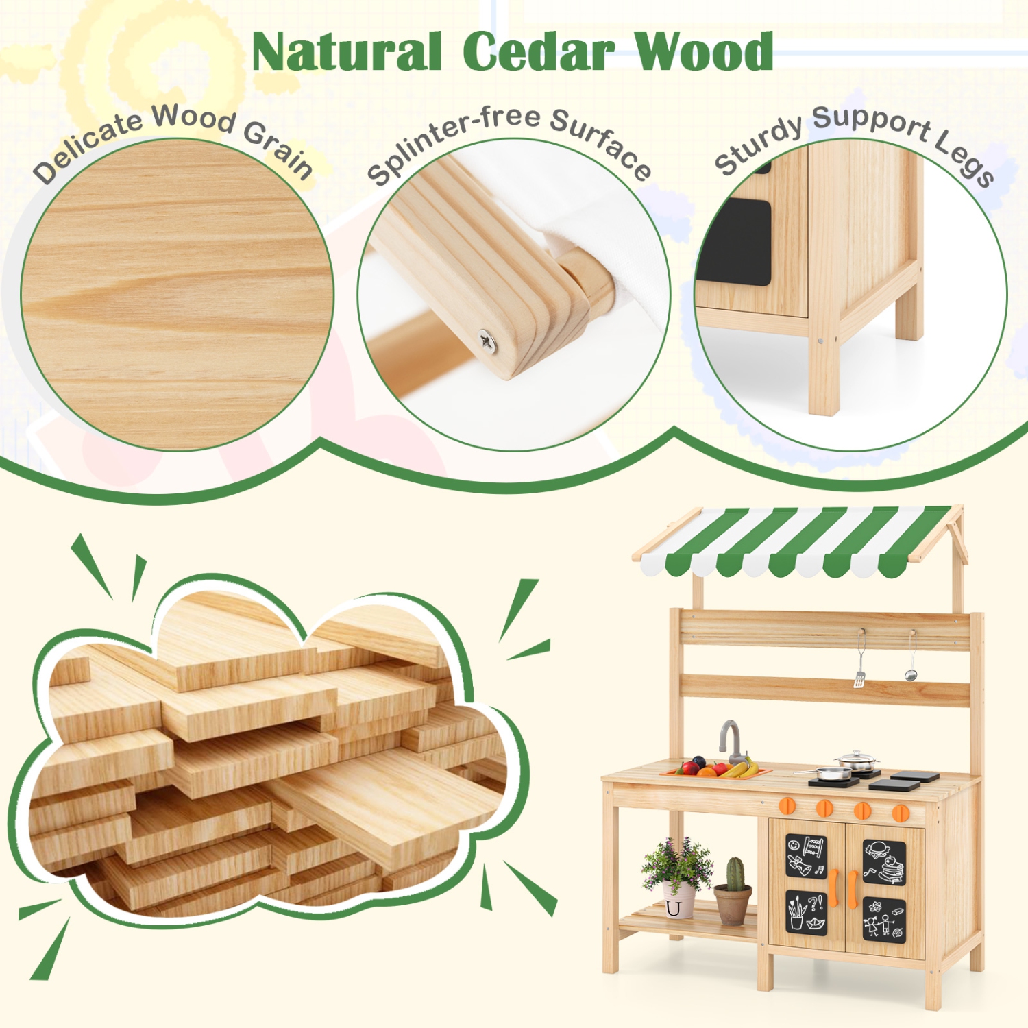 Gymax Kids Mud Kitchen Outdoor Wooden Pretend Play Kitchen w/ 4 Stoves, Canopy Faucet