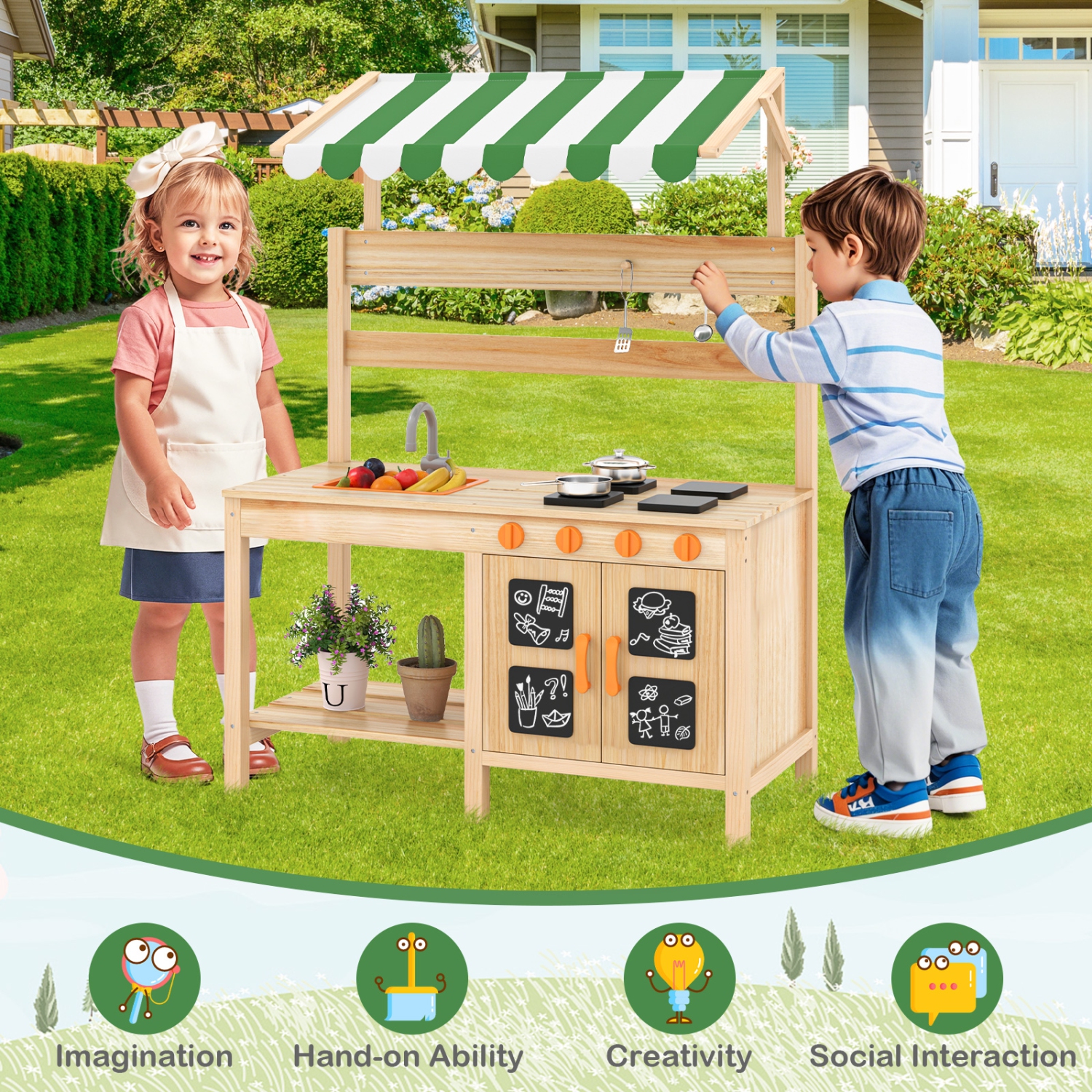 Gymax Kids Mud Kitchen Outdoor Wooden Pretend Play Kitchen w/ 4 Stoves, Canopy Faucet