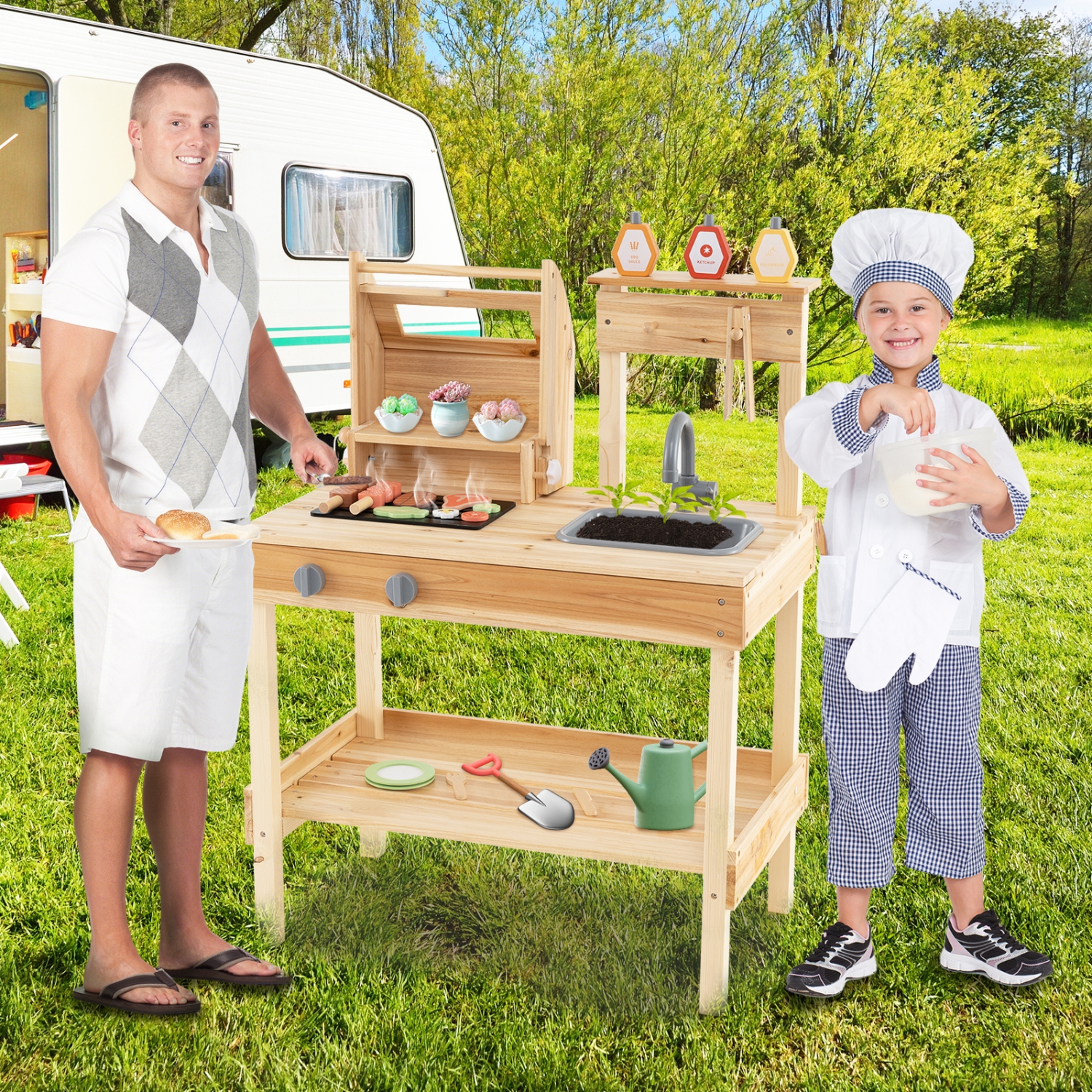 Gymax Wooden Barbecue Grill Playset w/ Play Food Grilling Tools & Accessories