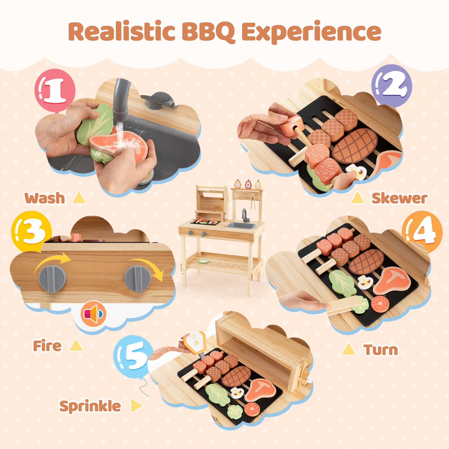 Gymax Wooden Barbecue Grill Playset w/ Play Food Grilling Tools & Accessories