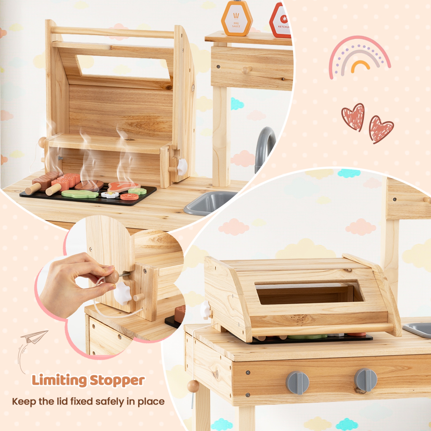 Gymax Wooden Barbecue Grill Playset w/ Play Food Grilling Tools & Accessories