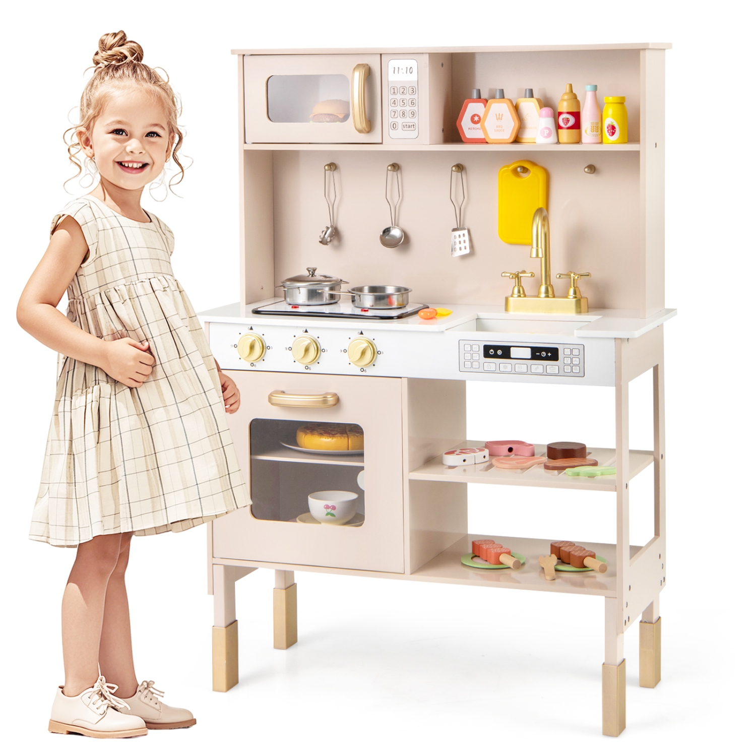 Gymax Height Adjustable Play Kitchen Wooden Kitchen Playset w/ Real Lights & Sounds