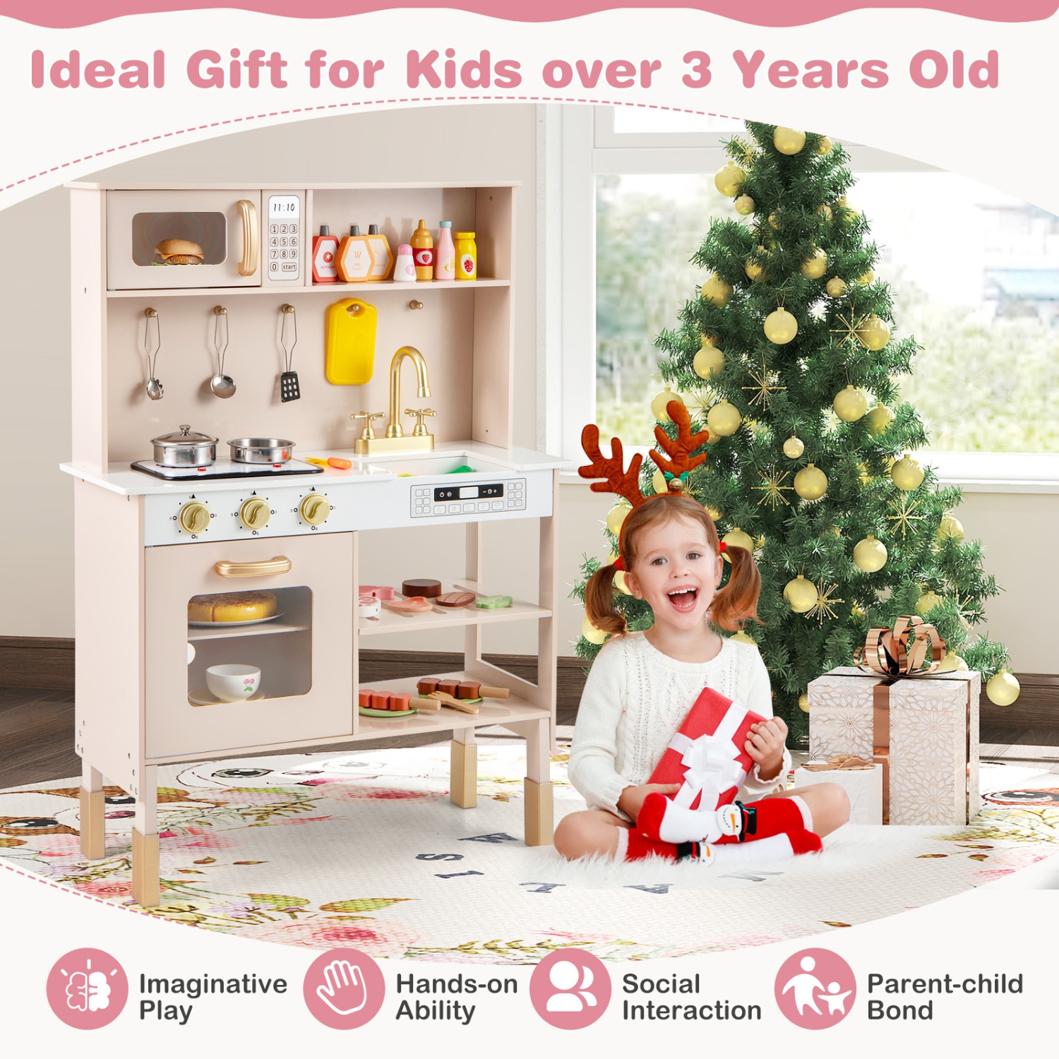 Gymax Height Adjustable Play Kitchen Wooden Kitchen Playset w/ Real Lights & Sounds