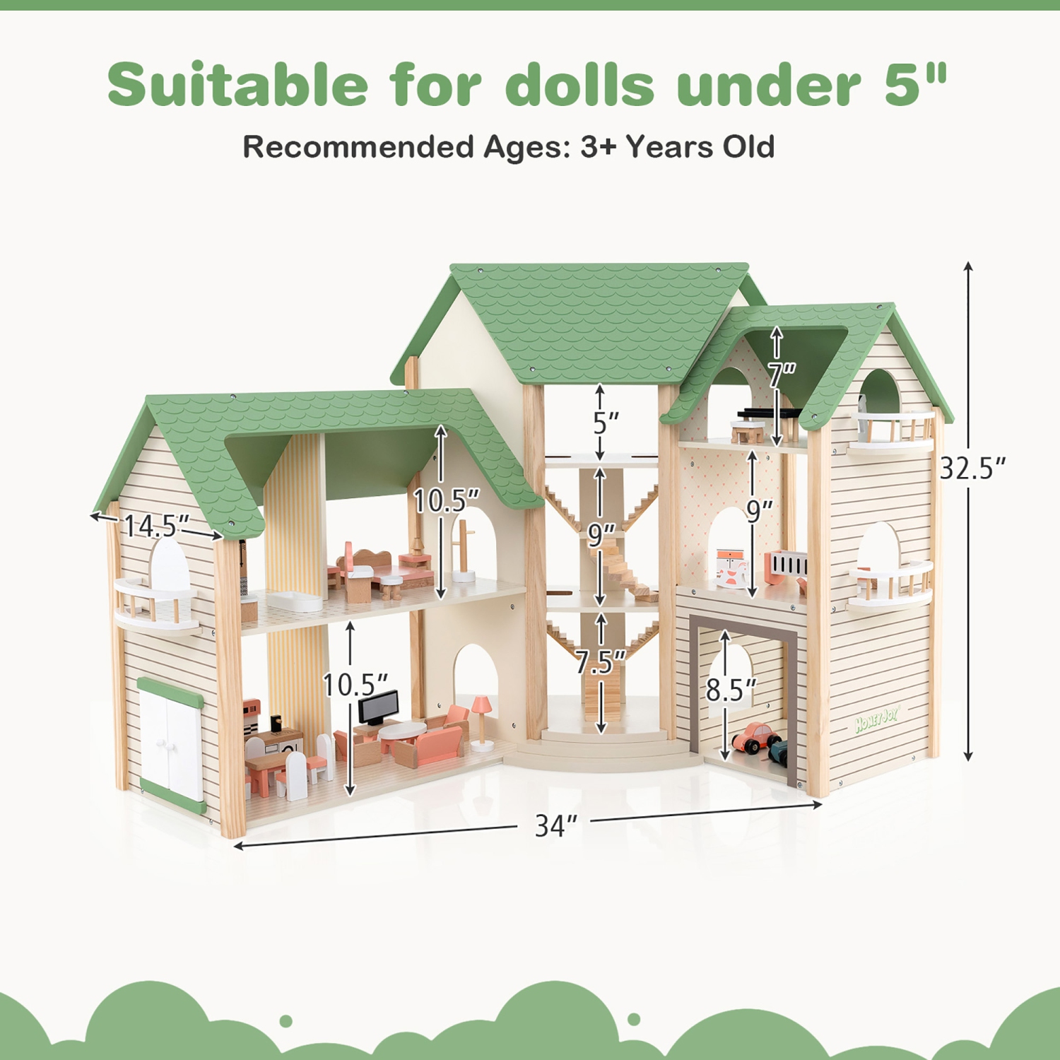 Gymax Wooden Corner Dollhouse Playset with 36 Pieces of Furniture and Accessories