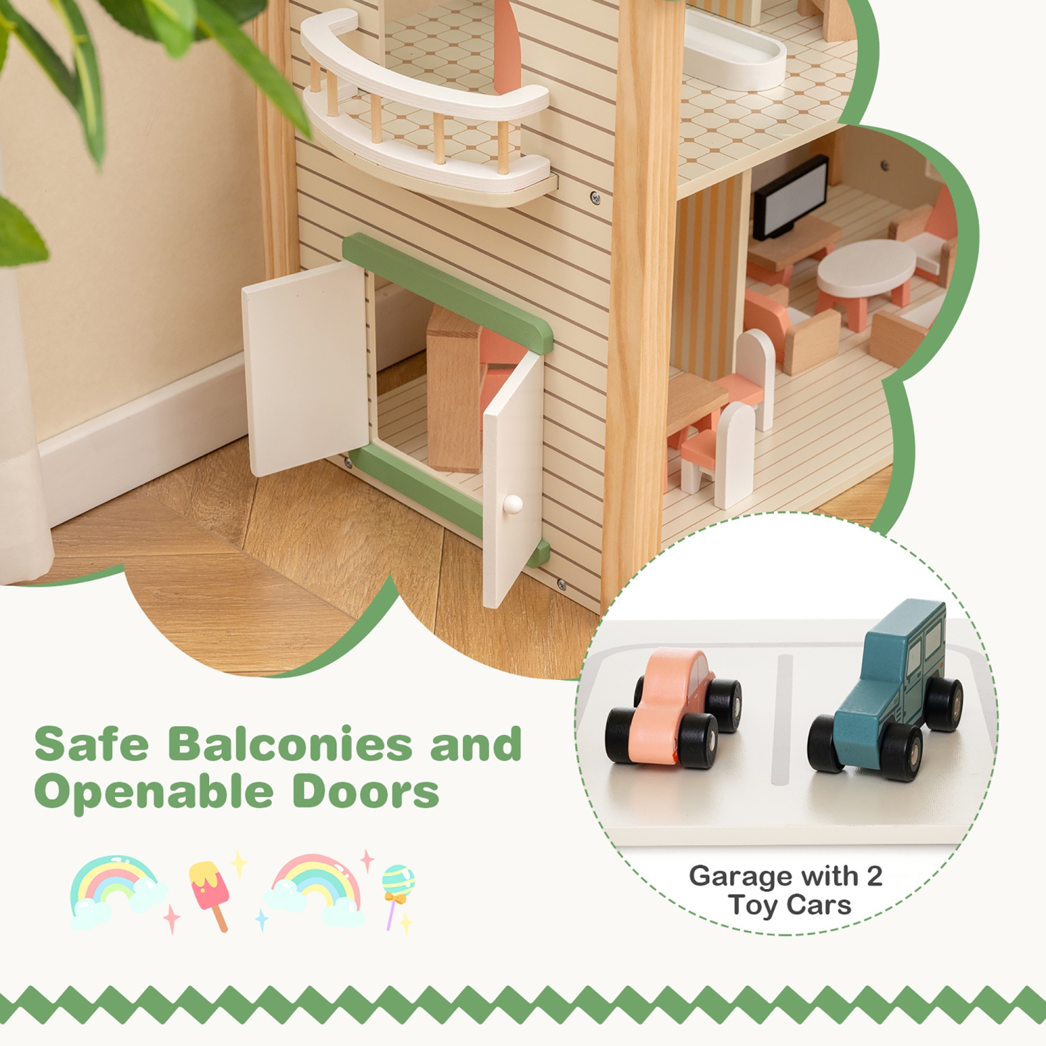 Gymax Wooden Corner Dollhouse Playset with 36 Pieces of Furniture and Accessories