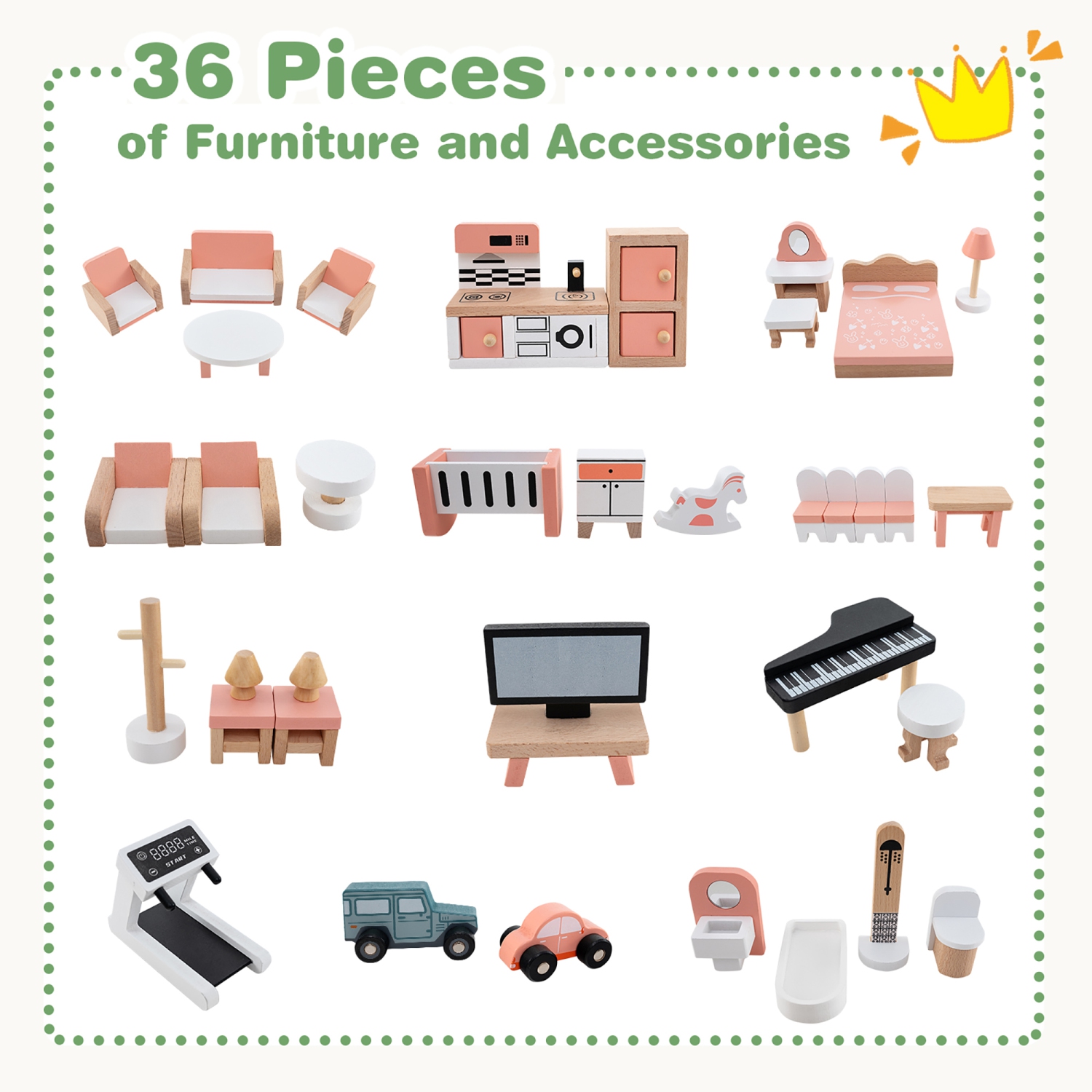 Gymax Wooden Corner Dollhouse Playset with 36 Pieces of Furniture and Accessories