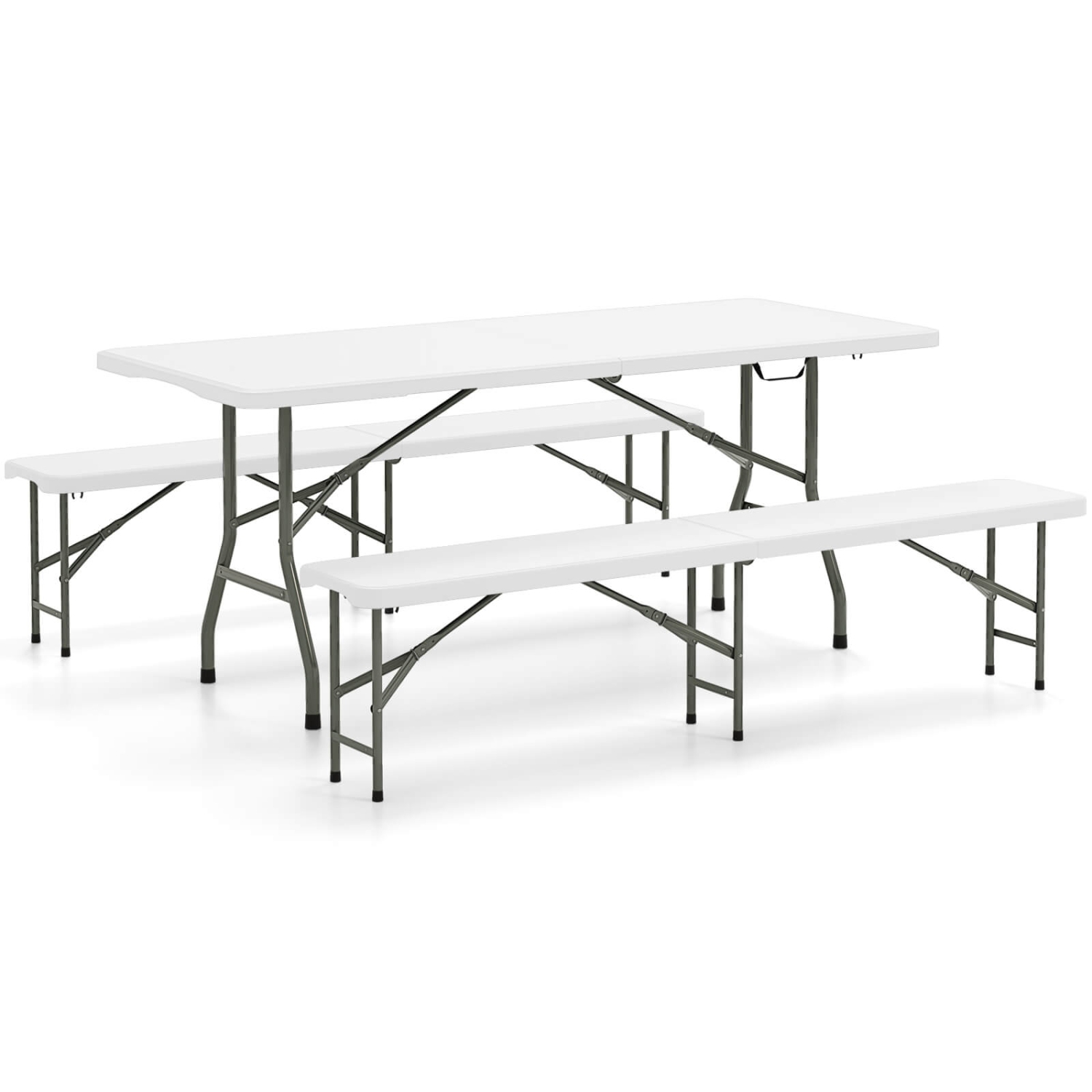 Gymax 3 PCS Folding Picnic Table Set w/ 6 ft Table & 2 Benches HDPE Tabletop Bench Top Coffee