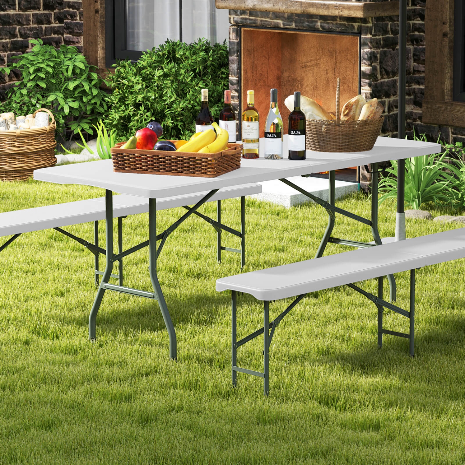Gymax 3 PCS Folding Picnic Table Set w/ 6 ft Table & 2 Benches HDPE Tabletop Bench Top Coffee