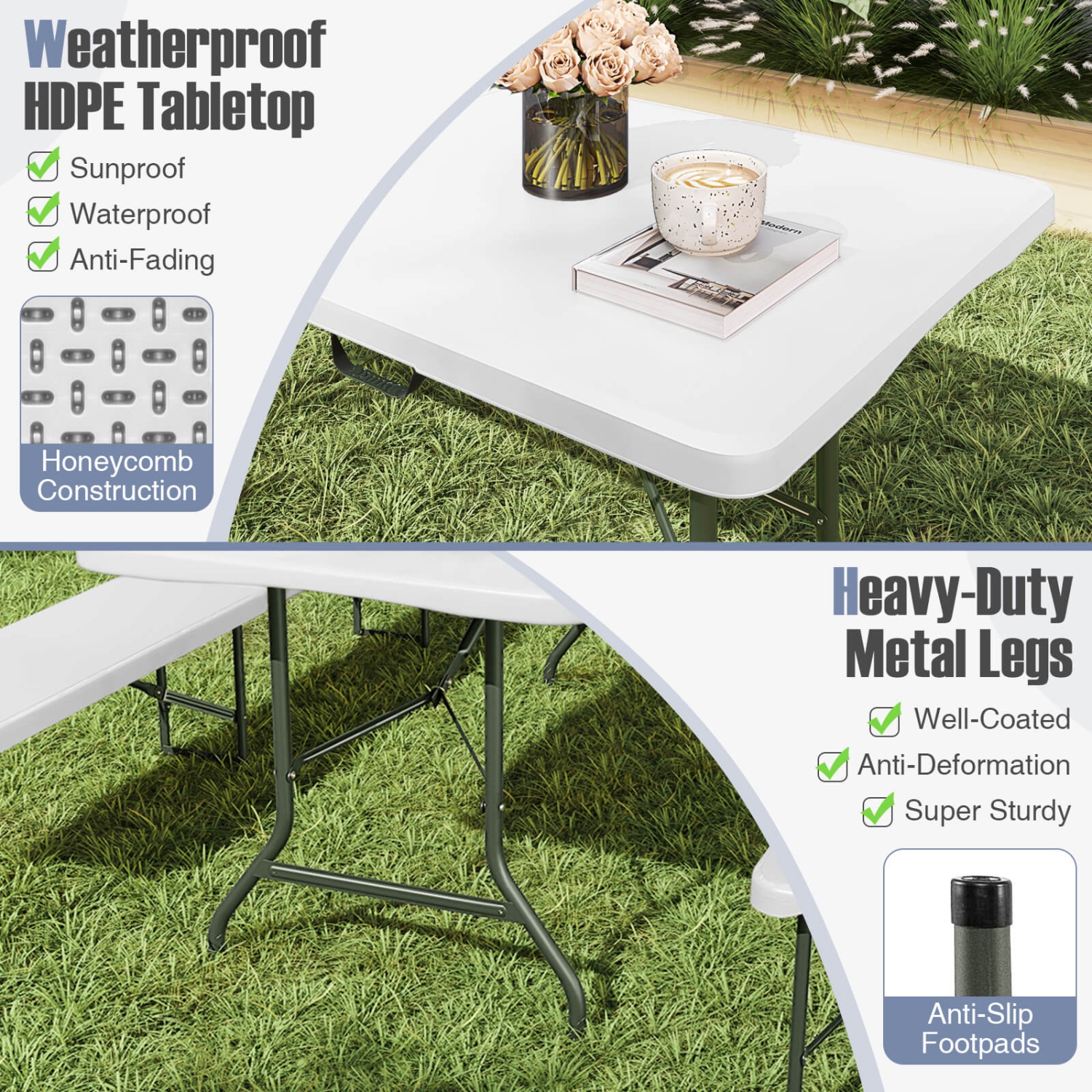 Gymax 3 PCS Folding Picnic Table Set w/ 6 ft Table & 2 Benches HDPE Tabletop Bench Top Coffee