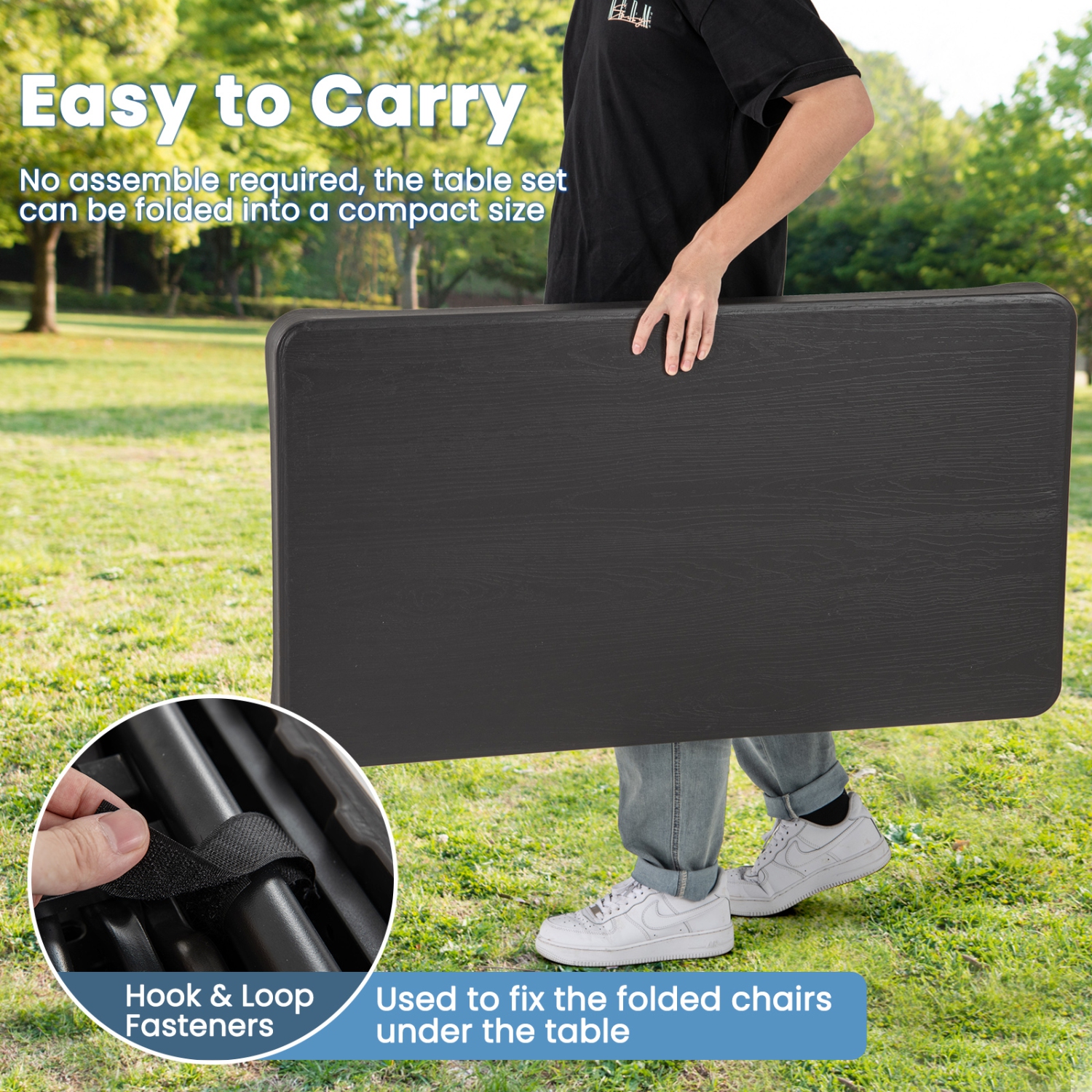 Gymax Outdoor Table Bench Set Folding Picnic Table Set w/ 2 Benches Sturdy Metal Frame