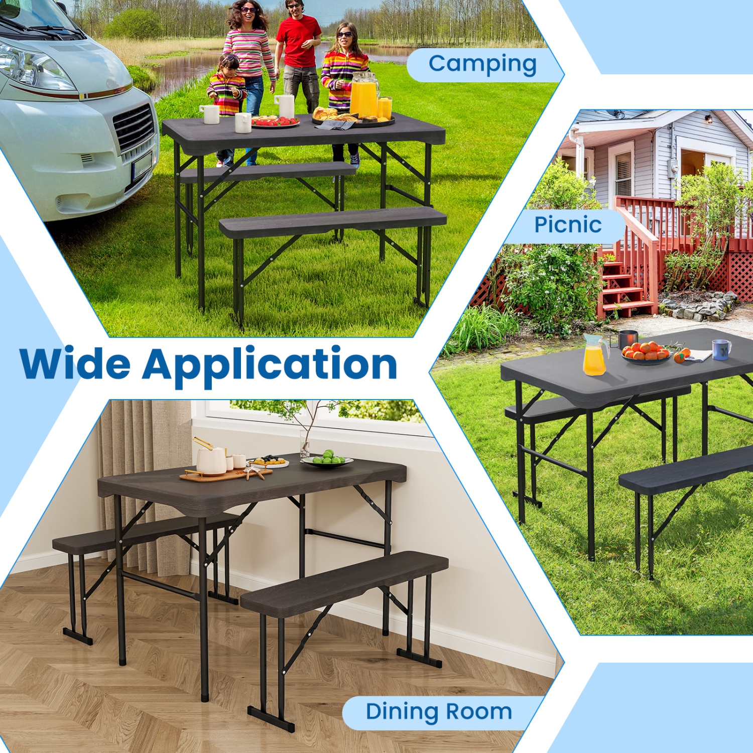 Gymax Outdoor Table Bench Set Folding Picnic Table Set w/ 2 Benches Sturdy Metal Frame
