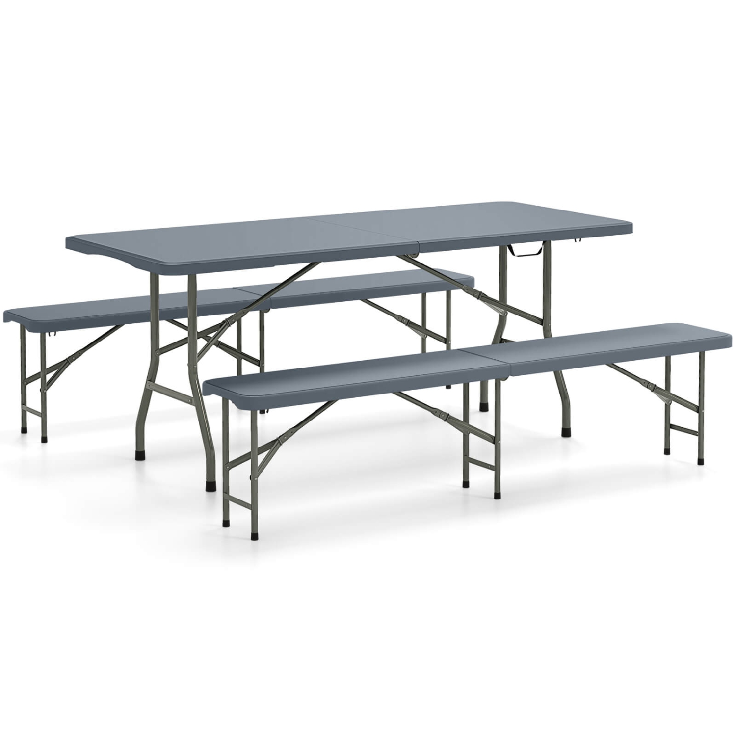 Gymax 3 PCS Folding Picnic Table Set w/ 6 ft Table & 2 Benches HDPE Tabletop Bench Top Gray
