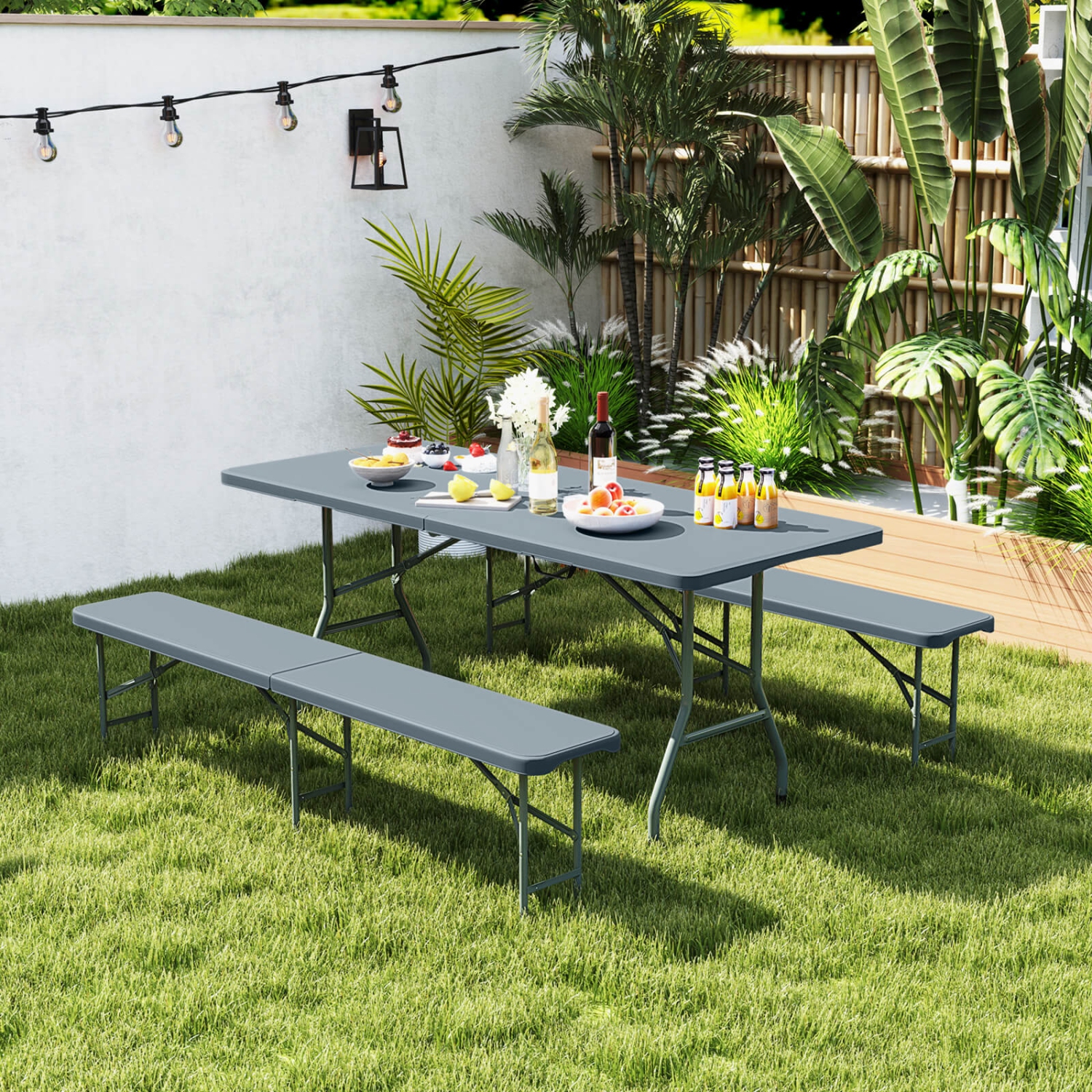 Gymax 3 PCS Folding Picnic Table Set w/ 6 ft Table & 2 Benches HDPE Tabletop Bench Top Gray