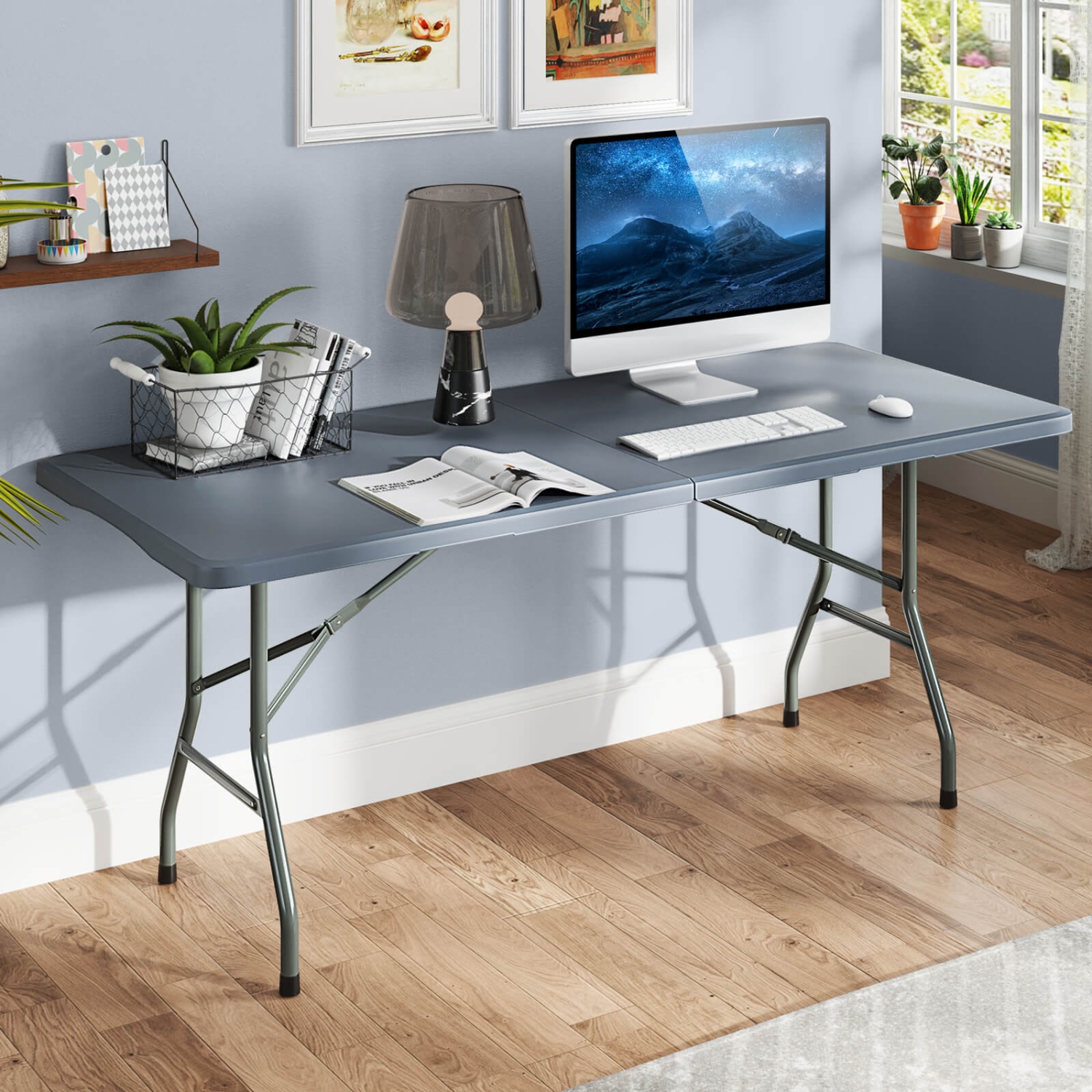 Gymax 3 PCS Folding Picnic Table Set w/ 6 ft Table & 2 Benches HDPE Tabletop Bench Top Gray