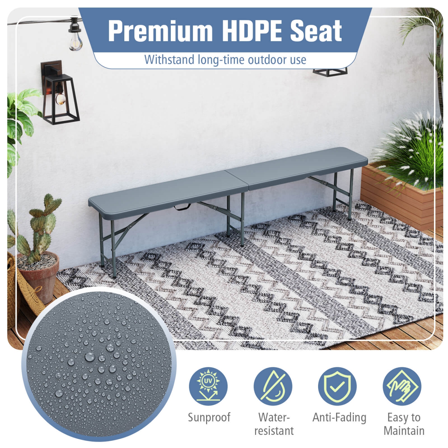 Gymax 3 PCS Folding Picnic Table Set w/ 6 ft Table & 2 Benches HDPE Tabletop Bench Top Gray