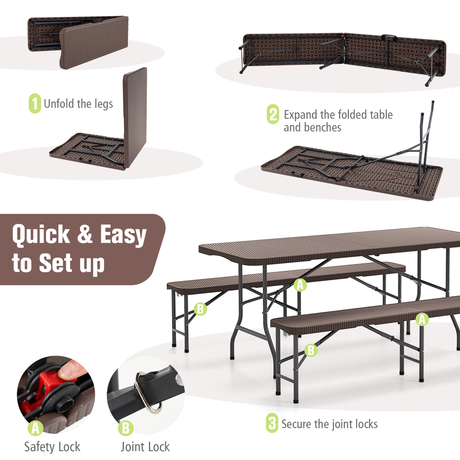 Gymax 3 Piece Folding Picnic Table Set w/ 6 ft Table & 2 Benches for Yard Camping