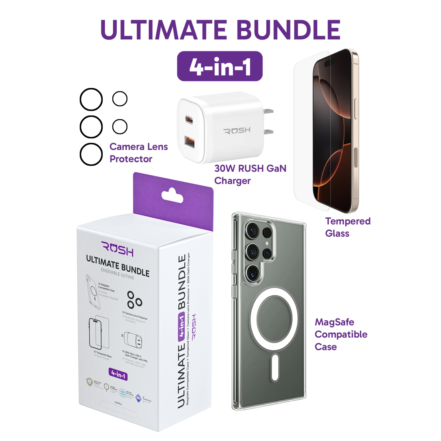 Ensemble Rush Ultimate pour Galaxy S24 FE de Samsung| Étui MagSafe transparent, protecteur d'écran, protecteur d'appareil photo et chargeur rapide