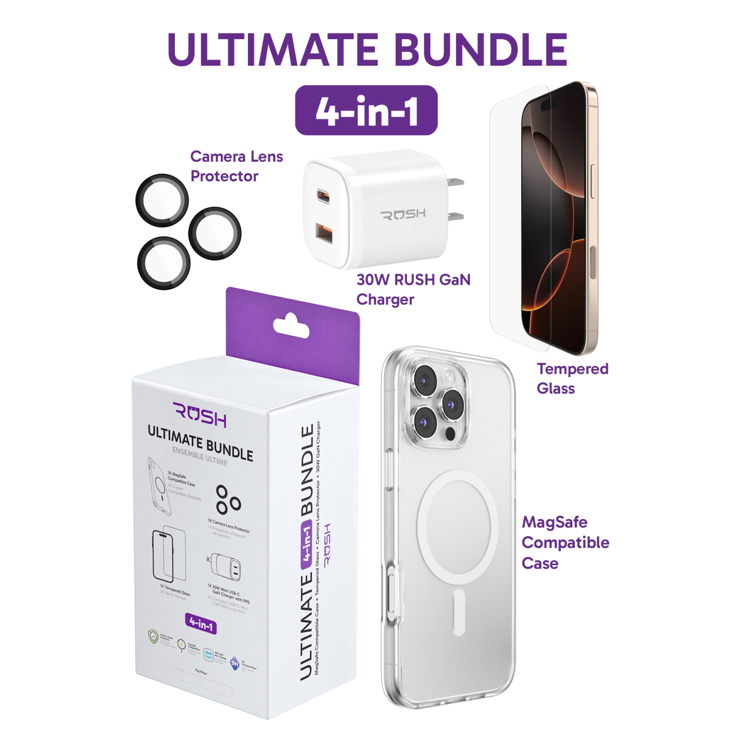 Rush Ultimate Bundle for iPhone 15 | Ultra Clear MagSafe Case, Screen Protector, Camera Protector and 30W GAN iPhone fast Charger