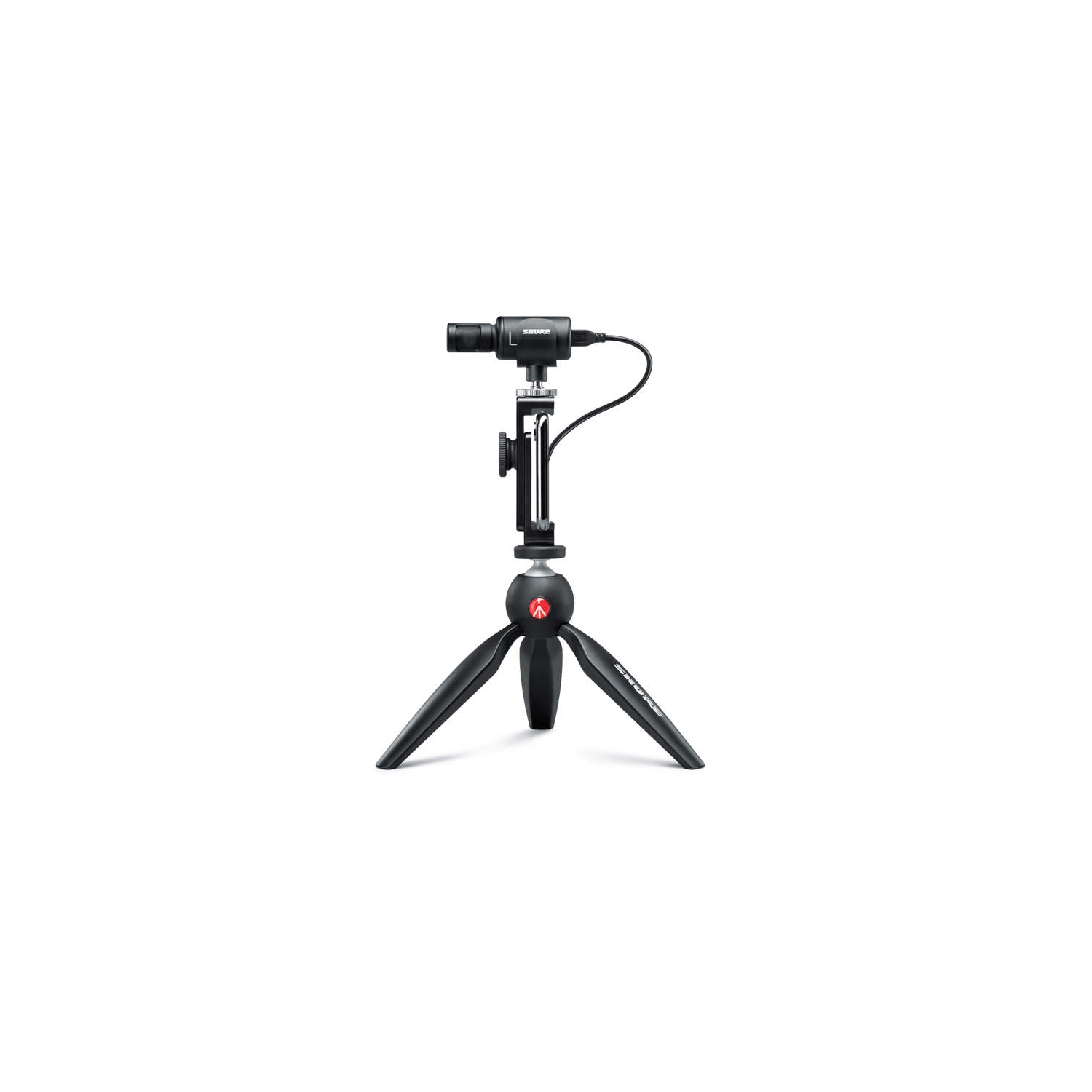 Trousse vidéo MV88+ de Shure - Microphone à condensateur stéréo numérique pour Apple et Android, avec trépied PIXI MINI ICLUDED de Manfrotto.