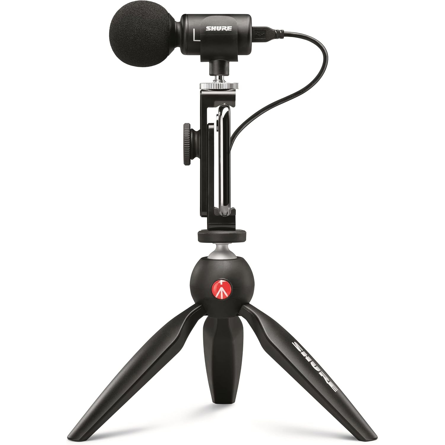 Trousse vidéo MV88+ de Shure - Microphone à condensateur stéréo numérique pour Apple et Android, avec trépied PIXI MINI ICLUDED de Manfrotto.