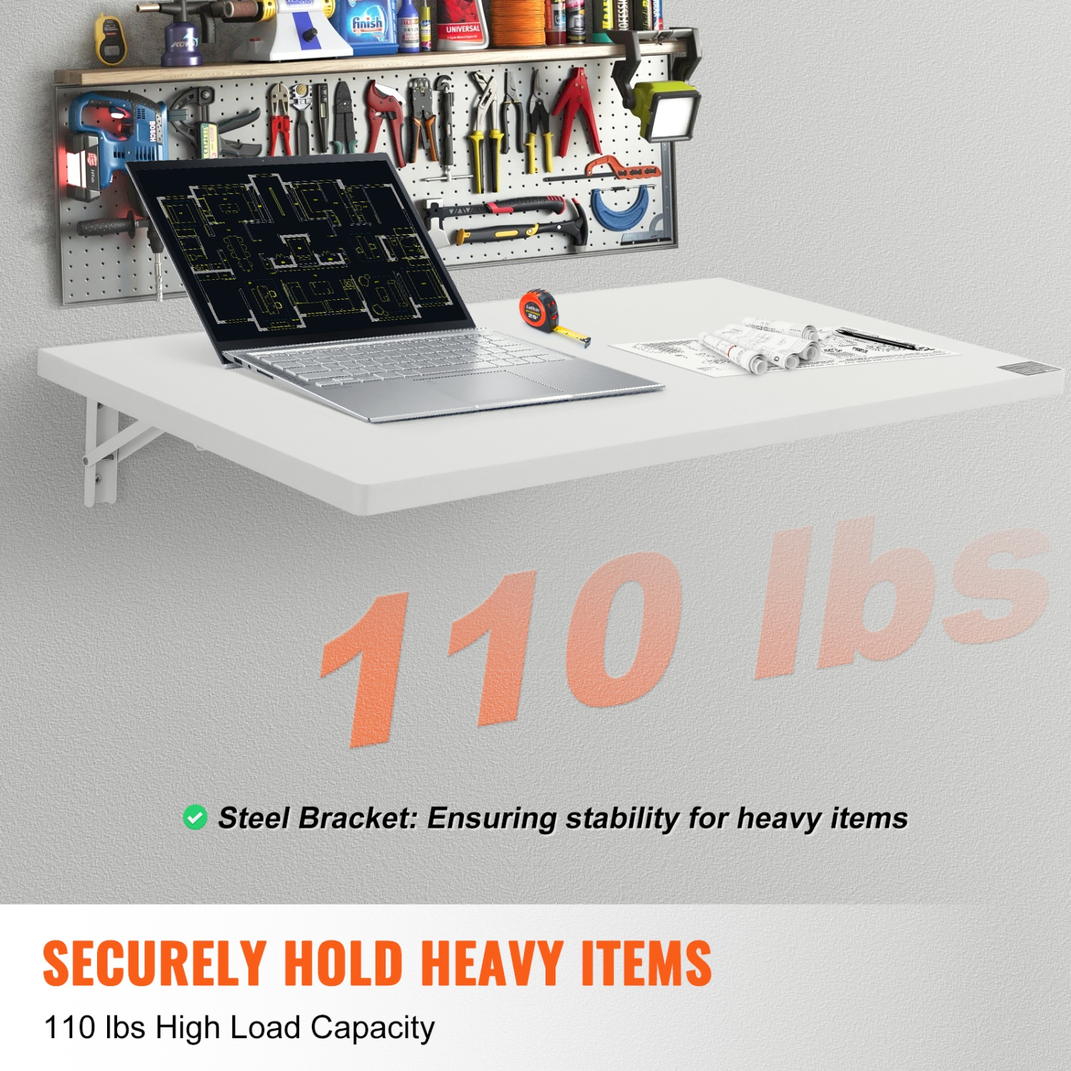 VEVOR 35.43" x 19.69" Wall Mounted Folding Table, Wall Mount Drop Leaf Table, Floating Desk with Iron Bracket, Fold Down Desk for Small Spaces, Home