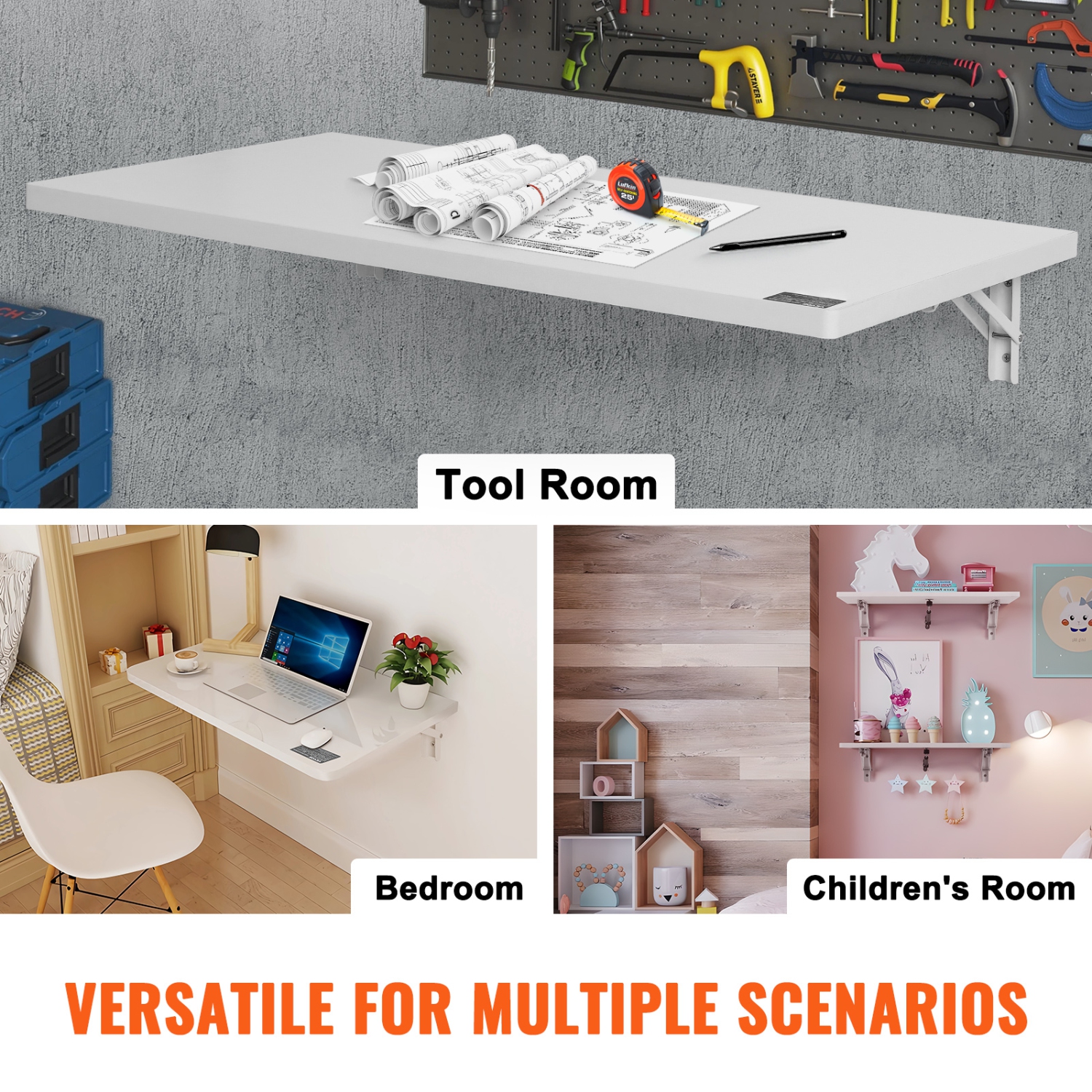 VEVOR 35.43" x 19.69" Wall Mounted Folding Table, Wall Mount Drop Leaf Table, Floating Desk with Iron Bracket, Fold Down Desk for Small Spaces, Home