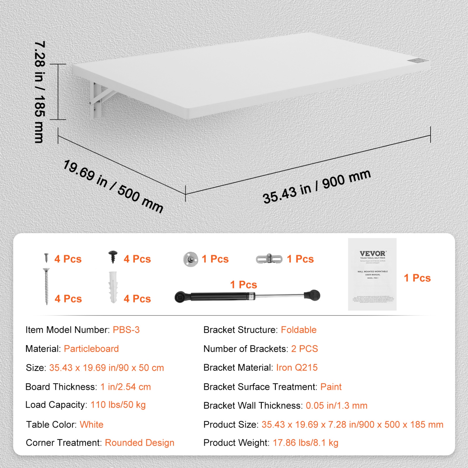 VEVOR 35.43" x 19.69" Wall Mounted Folding Table, Wall Mount Drop Leaf Table, Floating Desk with Iron Bracket, Fold Down Desk for Small Spaces, Home