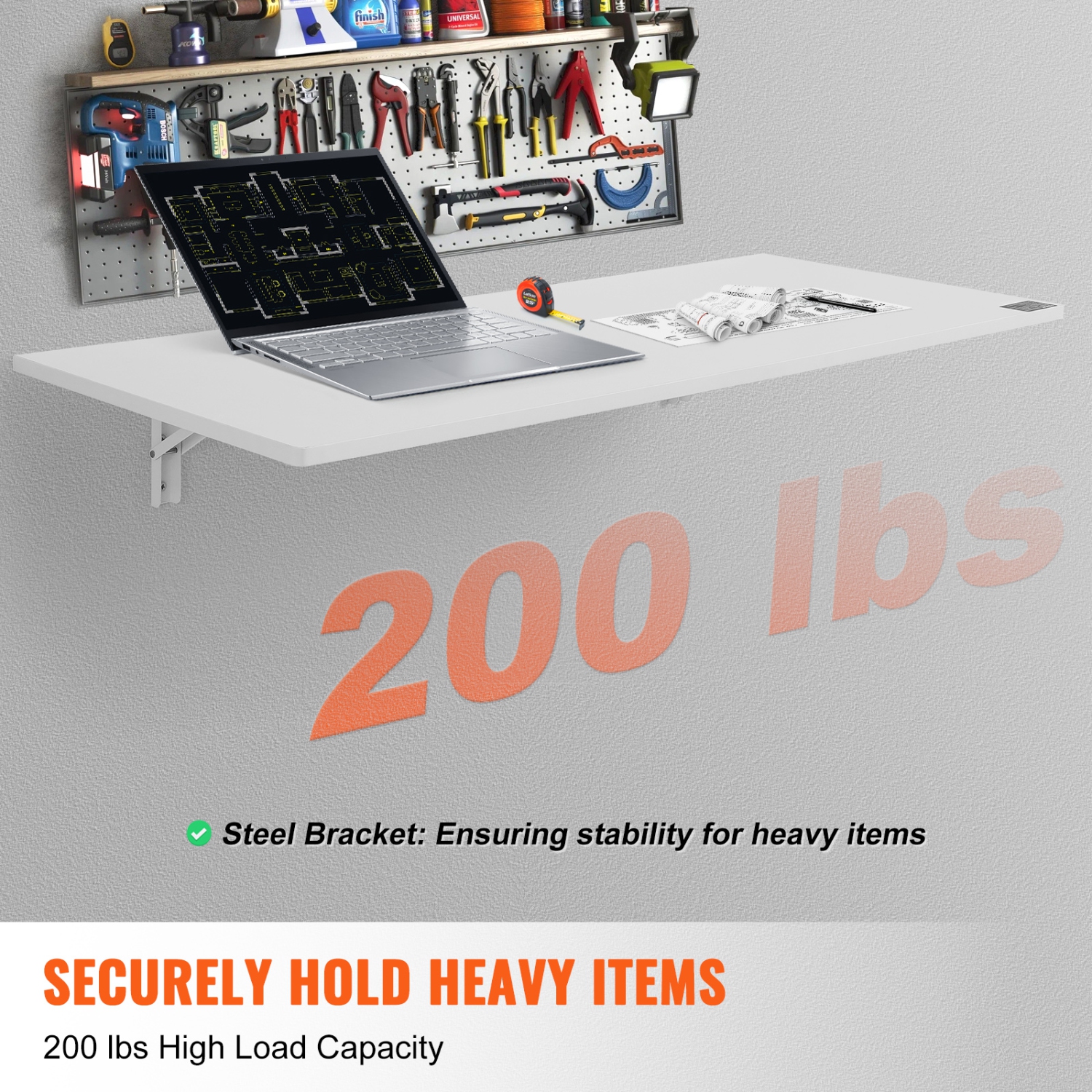 VEVOR 47.24" x 19.69" Wall Mounted Folding Table, Wall Mount Drop Leaf Table, Floating Desk with Iron Bracket, Fold Down Desk for Small Spaces, Home