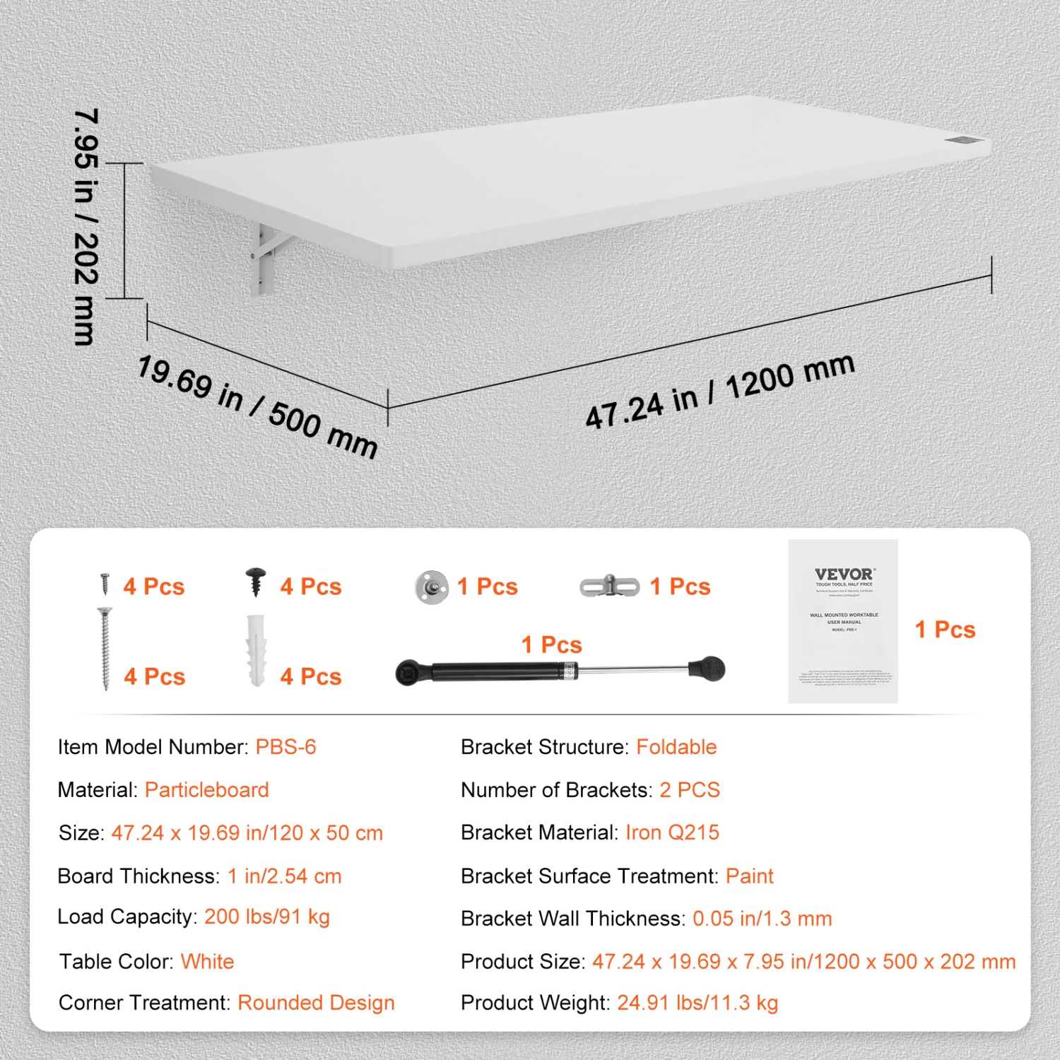 VEVOR 47.24" x 19.69" Wall Mounted Folding Table, Wall Mount Drop Leaf Table, Floating Desk with Iron Bracket, Fold Down Desk for Small Spaces, Home