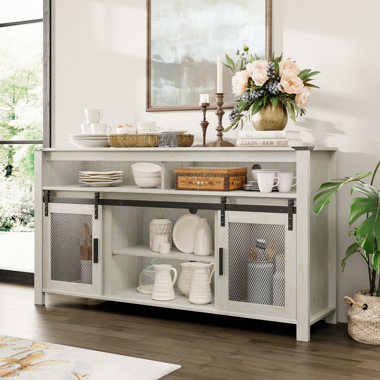 WAMPAT Farmhouse Buffet Cabinet, Sideboard Sliding Mesh Barn Doors,59" Coffee Bar Storage Cabinet Adjustable Shelf,Antique White Cupboard Table for