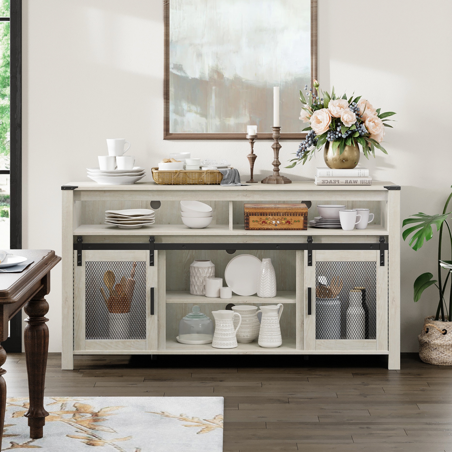 WAMPAT Farmhouse Buffet Cabinet, Sideboard Sliding Mesh Barn Doors,59" Coffee Bar Storage Cabinet Adjustable Shelf,Antique White Cupboard Table for