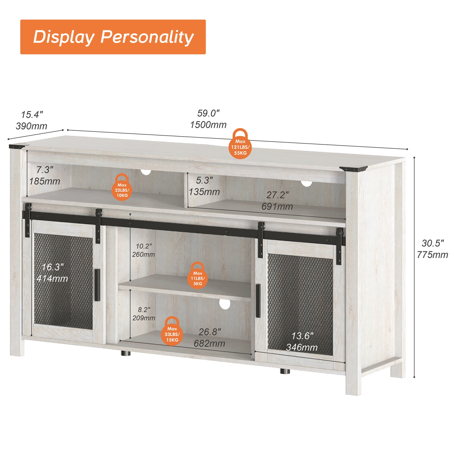 WAMPAT Farmhouse Buffet Cabinet, Sideboard Sliding Mesh Barn Doors,59" Coffee Bar Storage Cabinet Adjustable Shelf,Antique White Cupboard Table for