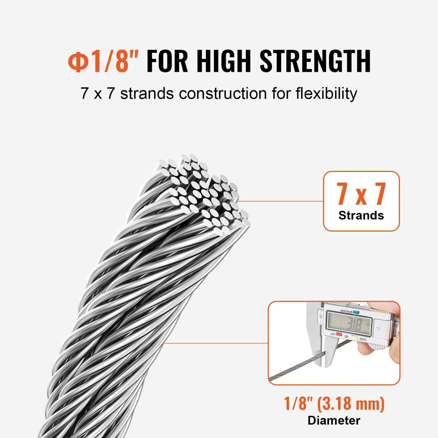 VEVOR 1/8" 100 ft Wire Rope Kit, 304 Stainless Steel Cable with 124 Accessories, 1600 lbs Breaking Strength, 7x7 Strands Construction Marine Aircraft