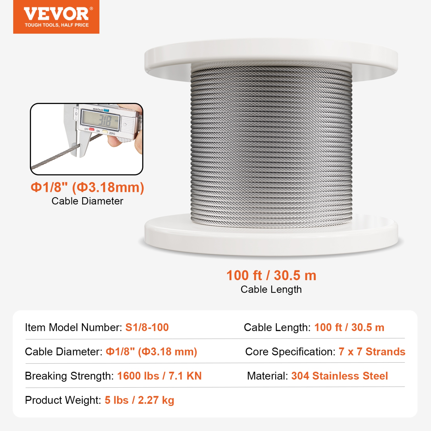 VEVOR 1/8" 100 ft Wire Rope Kit, 304 Stainless Steel Cable with 124 Accessories, 1600 lbs Breaking Strength, 7x7 Strands Construction Marine Aircraft