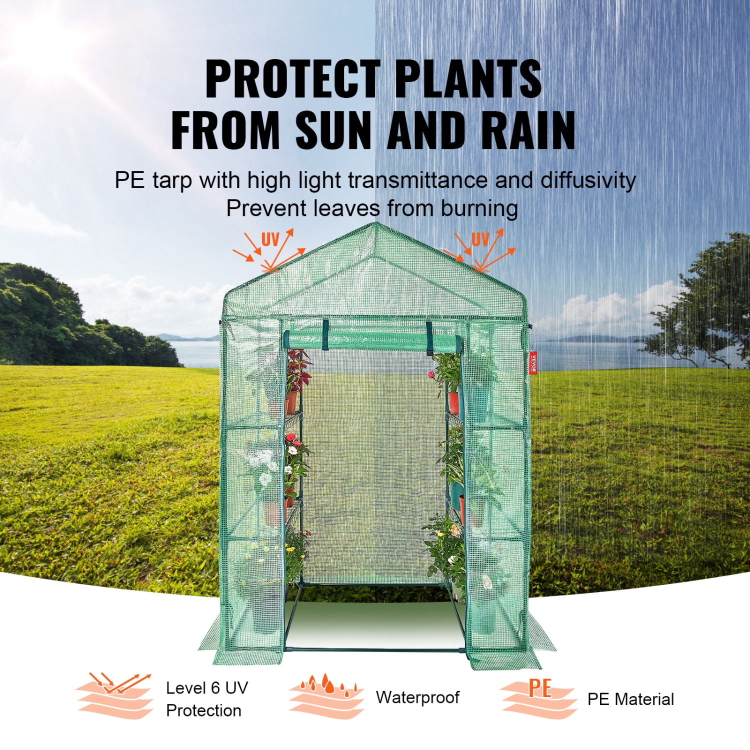 VEVOR 4,6 x 2,4 x 6.7&nbsp;pi Maison verte, serre avec tablettes, installation en quelques minutes, revêtement en PE haute résistance avec portes et