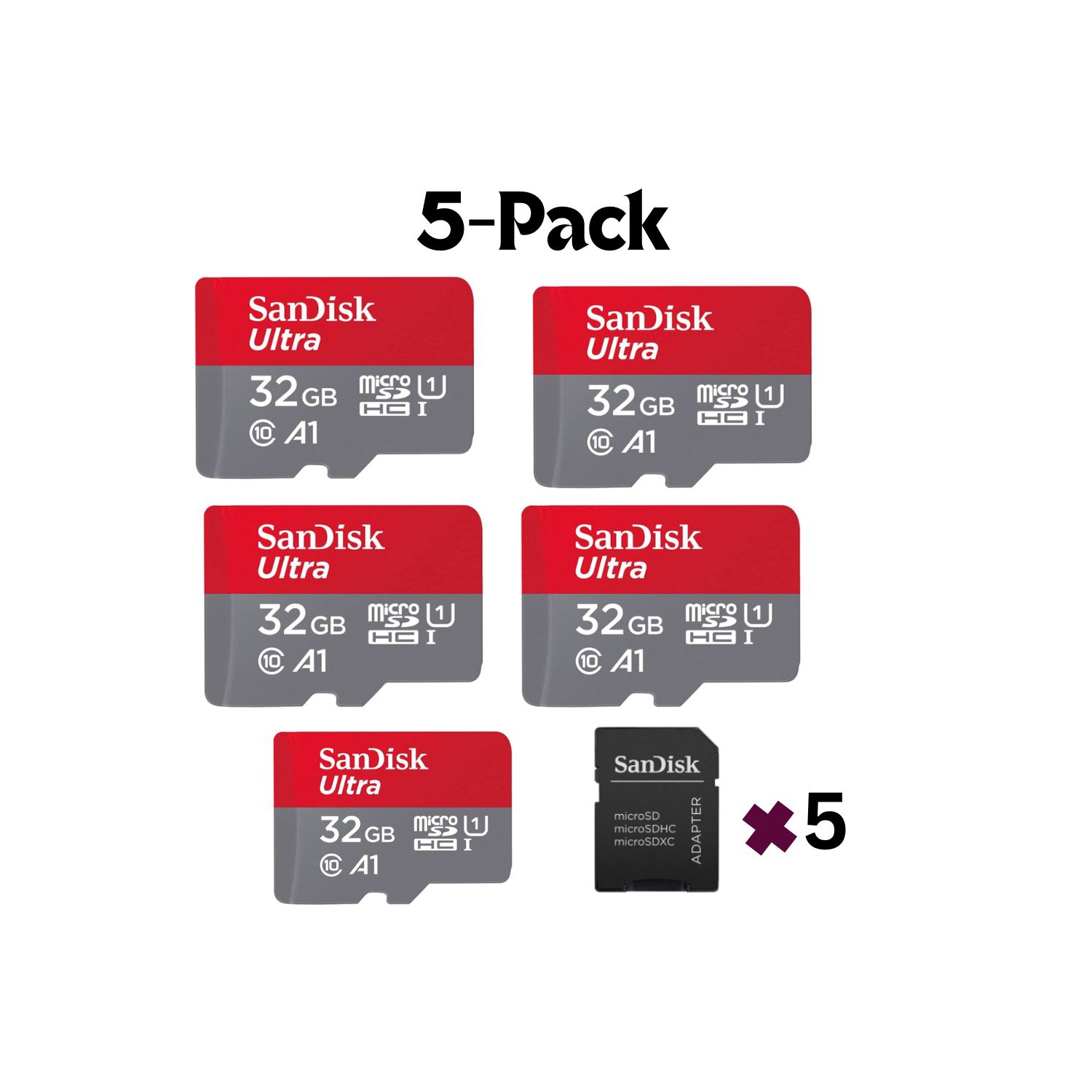 Paquet de 5 cartes mémoire microSDHC Ultra UHS-I 32&nbsp;Go de SanDisk avec adaptateur - 120&nbsp;Mo/s, C10, U1, HD intégrale, A1 Carte micro SD -